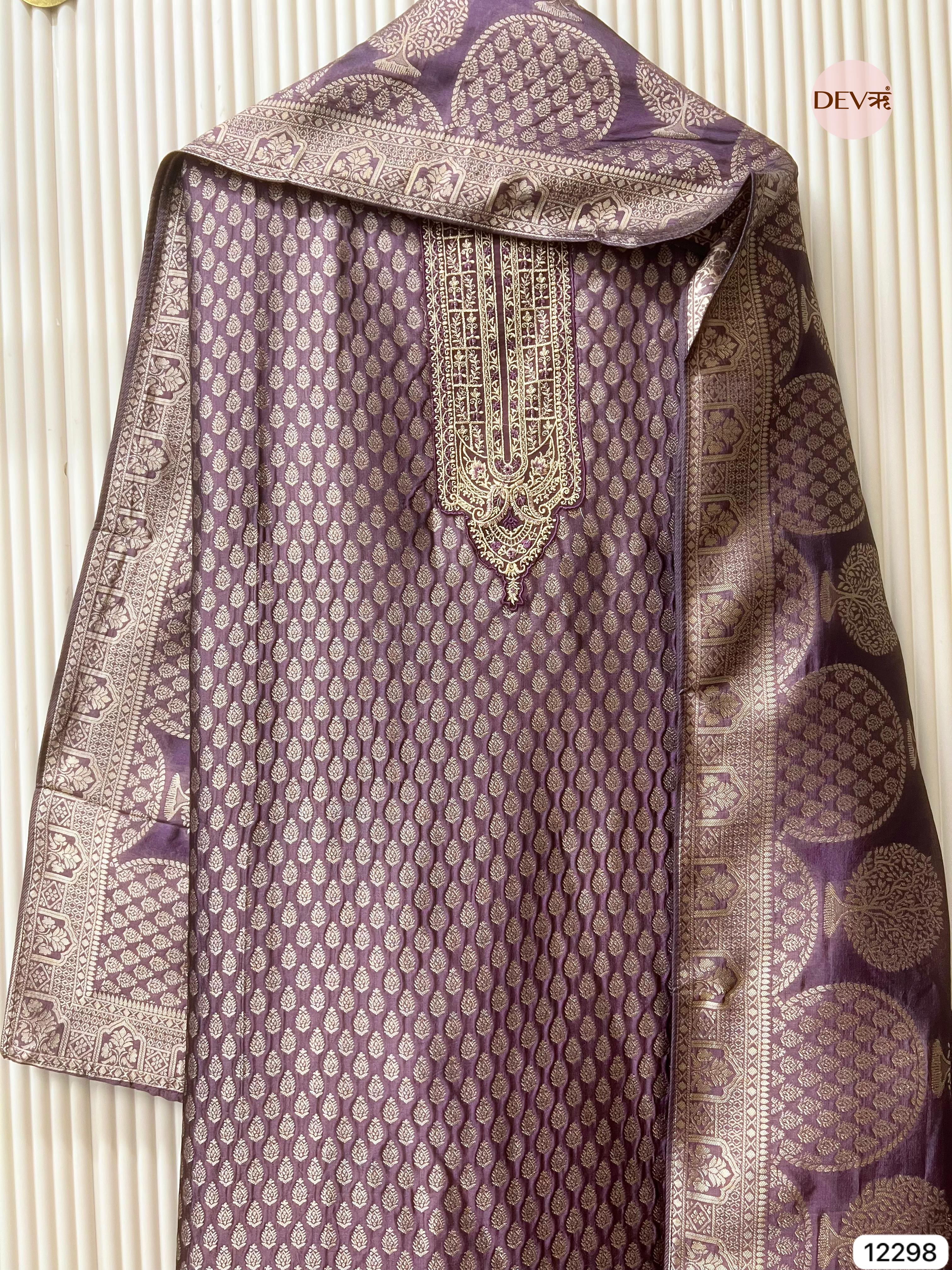 Plum Pure Banarasi Silk Woven Unstitched 3-Piece Suit (Devri – D.No 12298)