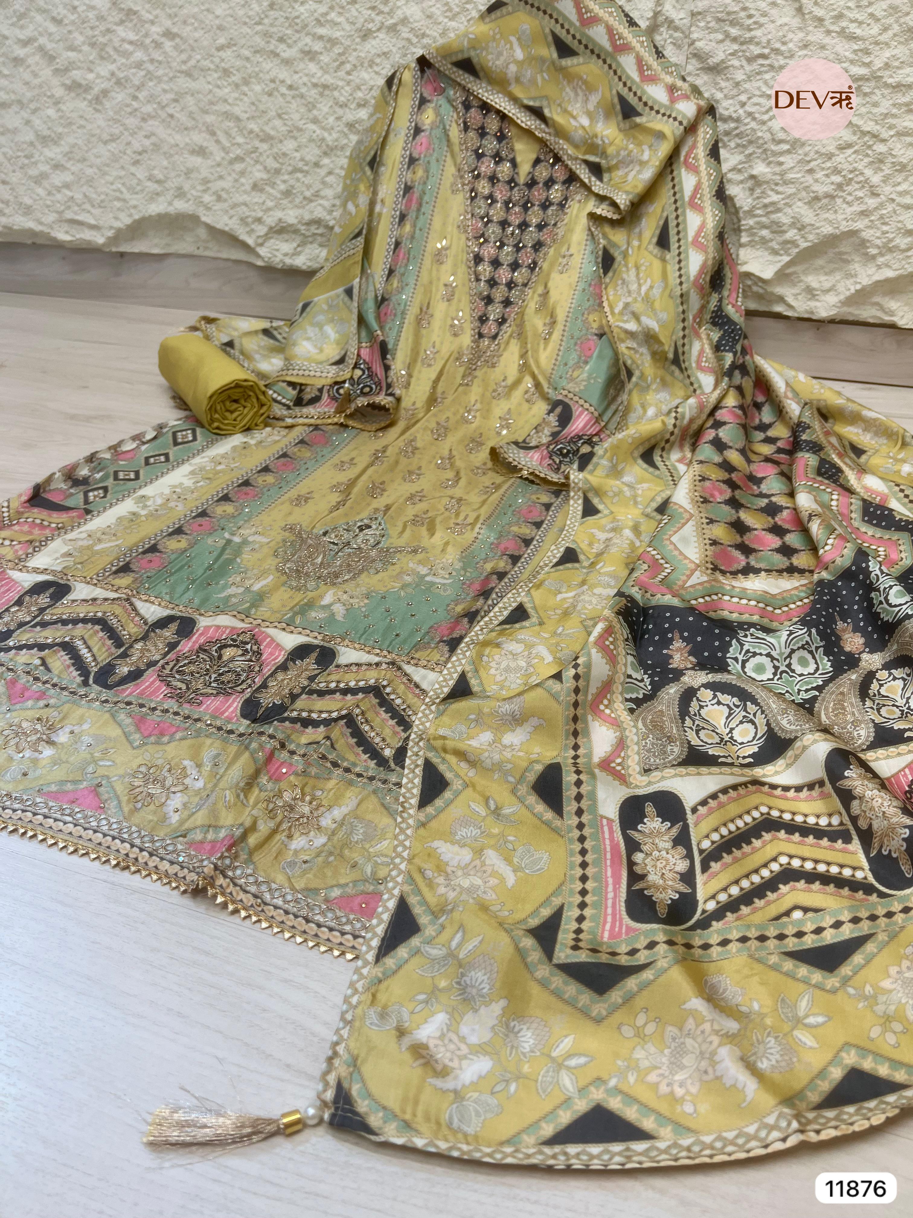 Yellow Glass Silk Semi Stitched Pakistani Printed Hand Embroidered -Set Of 3- {11876}