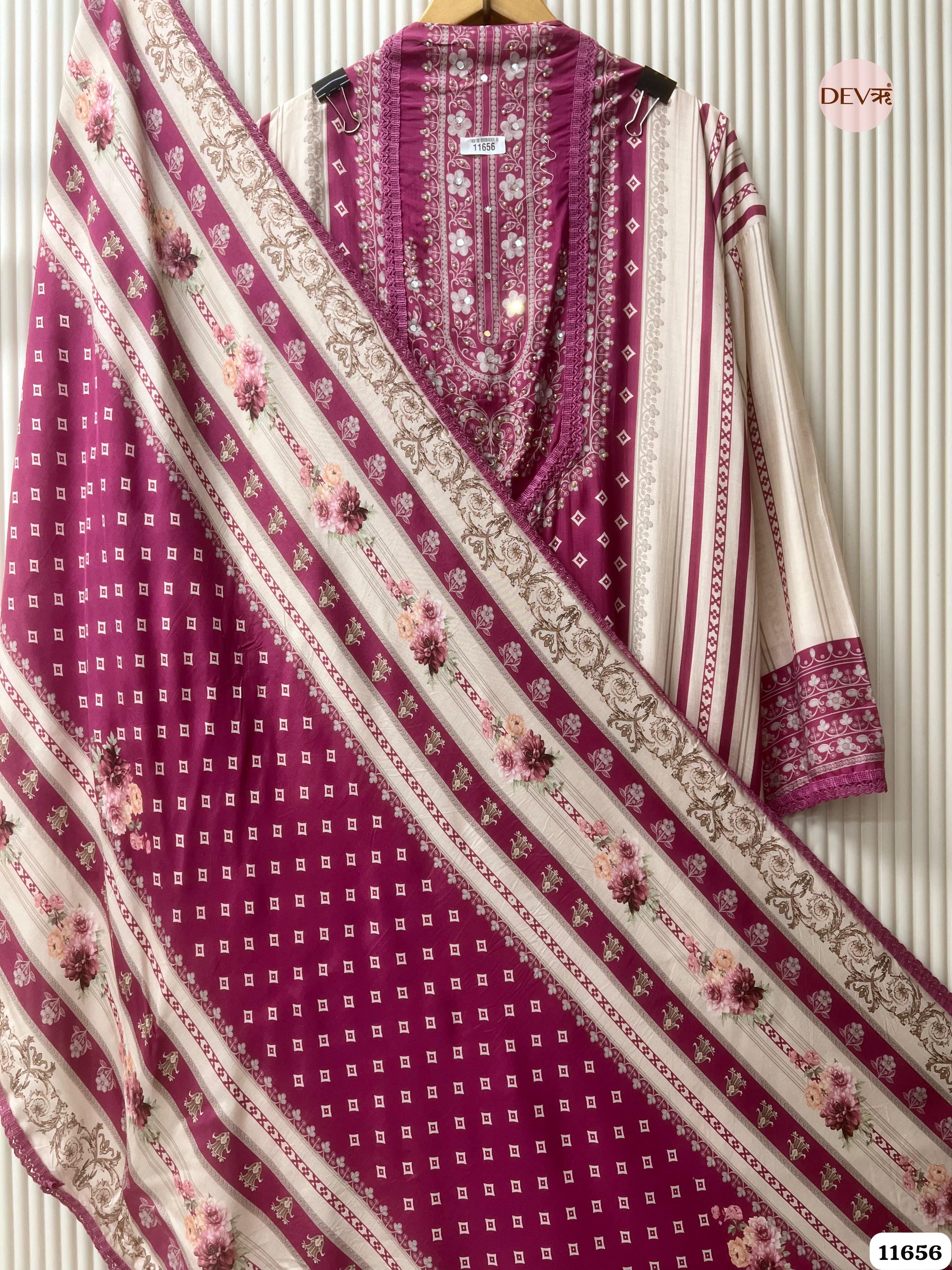 Magenta Pink Muslin Printed Semi Stitched Hand Embroidered -Set Of 3 {11656}