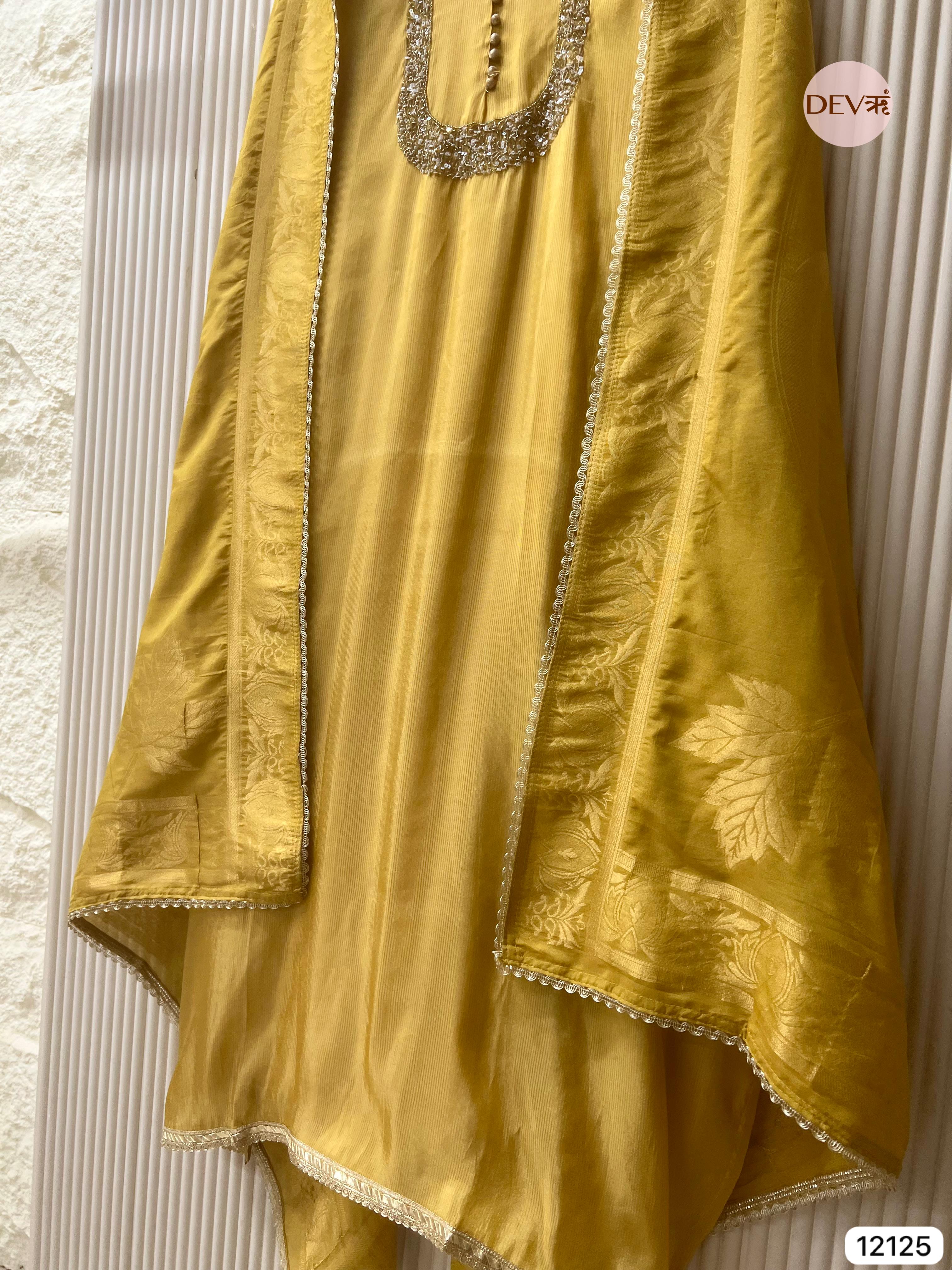 Yellow Shimmer Silk Unstitched Hand Embroidered -Set Of 3 - {12125}