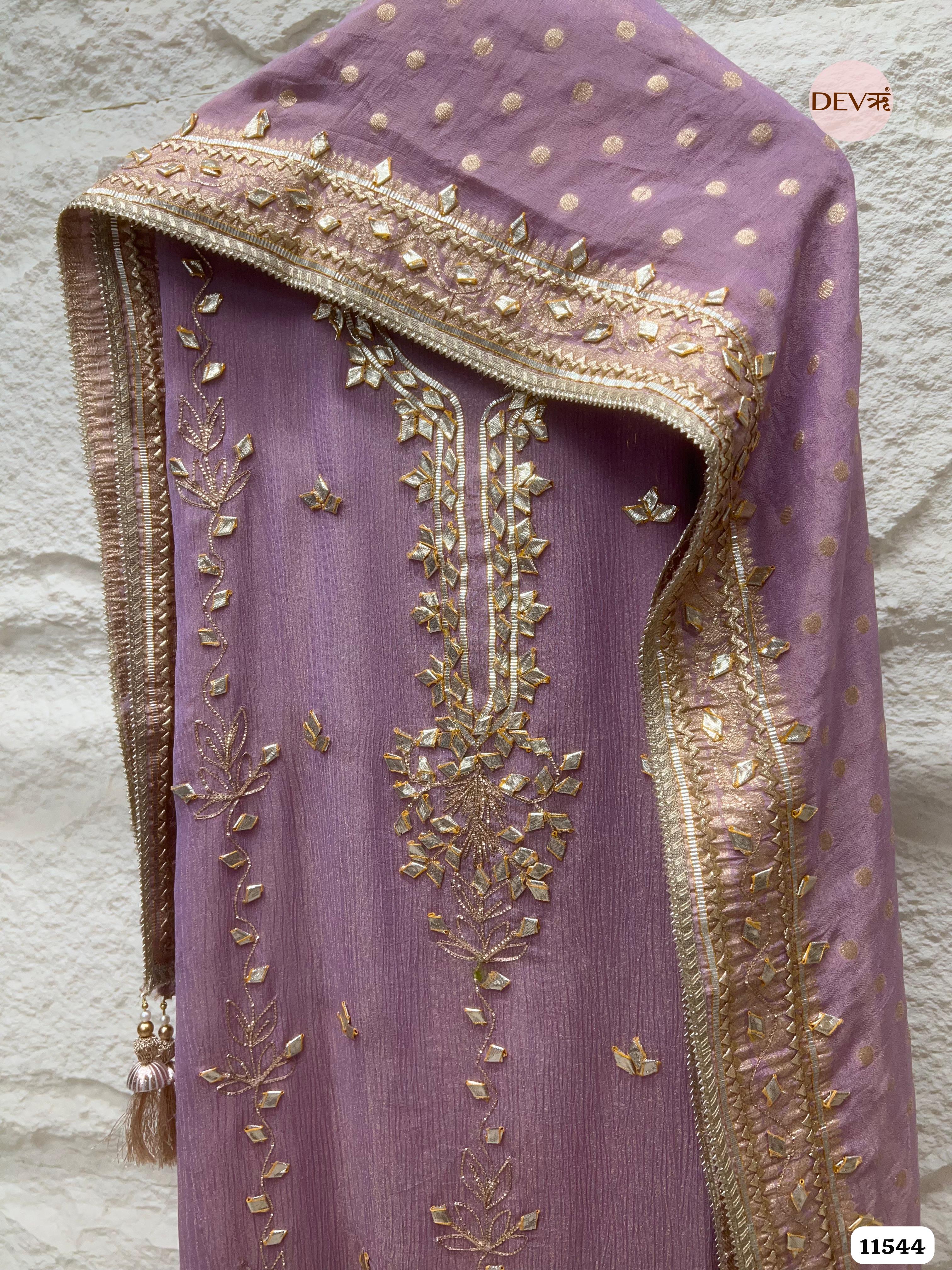 Purple Pure Chinon Unstitched Hand Embroidered -Set Of 3 {11544}