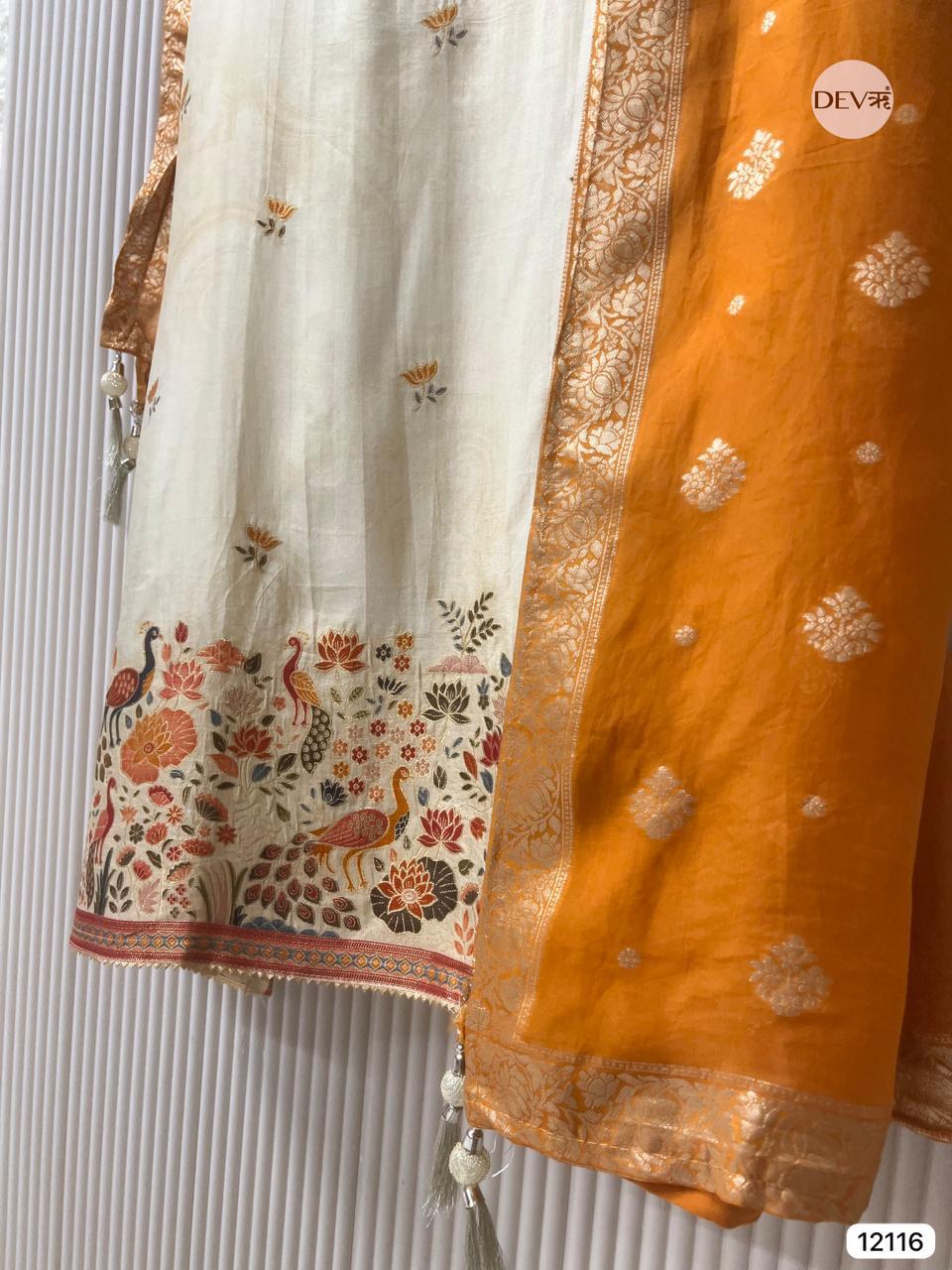 Mustard Russian Silk Embroidered Unstitched 3-Piece Suit (Devri – D.No 12116)