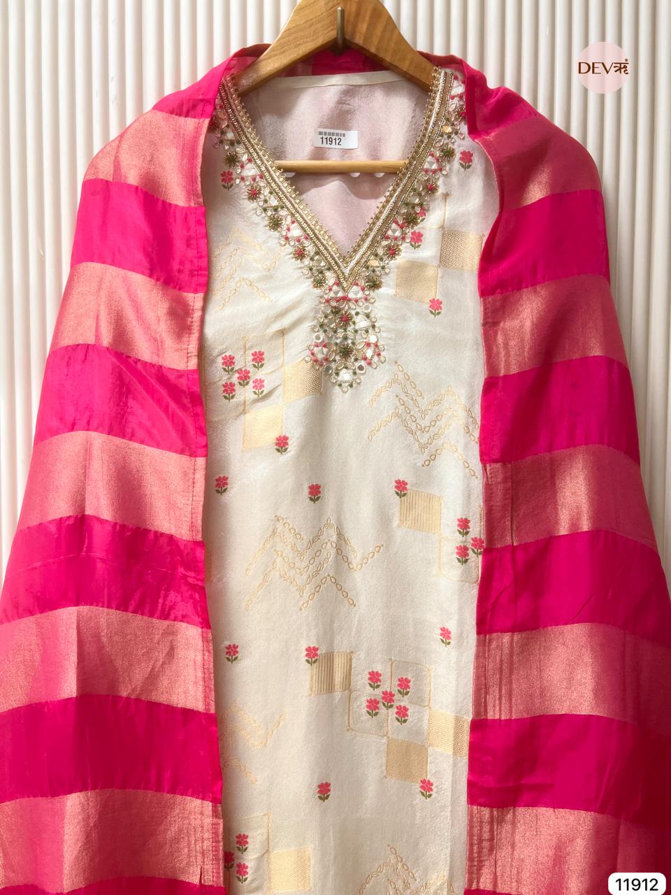 Off White Tissue Shimmer Silk Unstitched Banarasi Weave Hand Embroidered -Set Of 3 - {11912}
