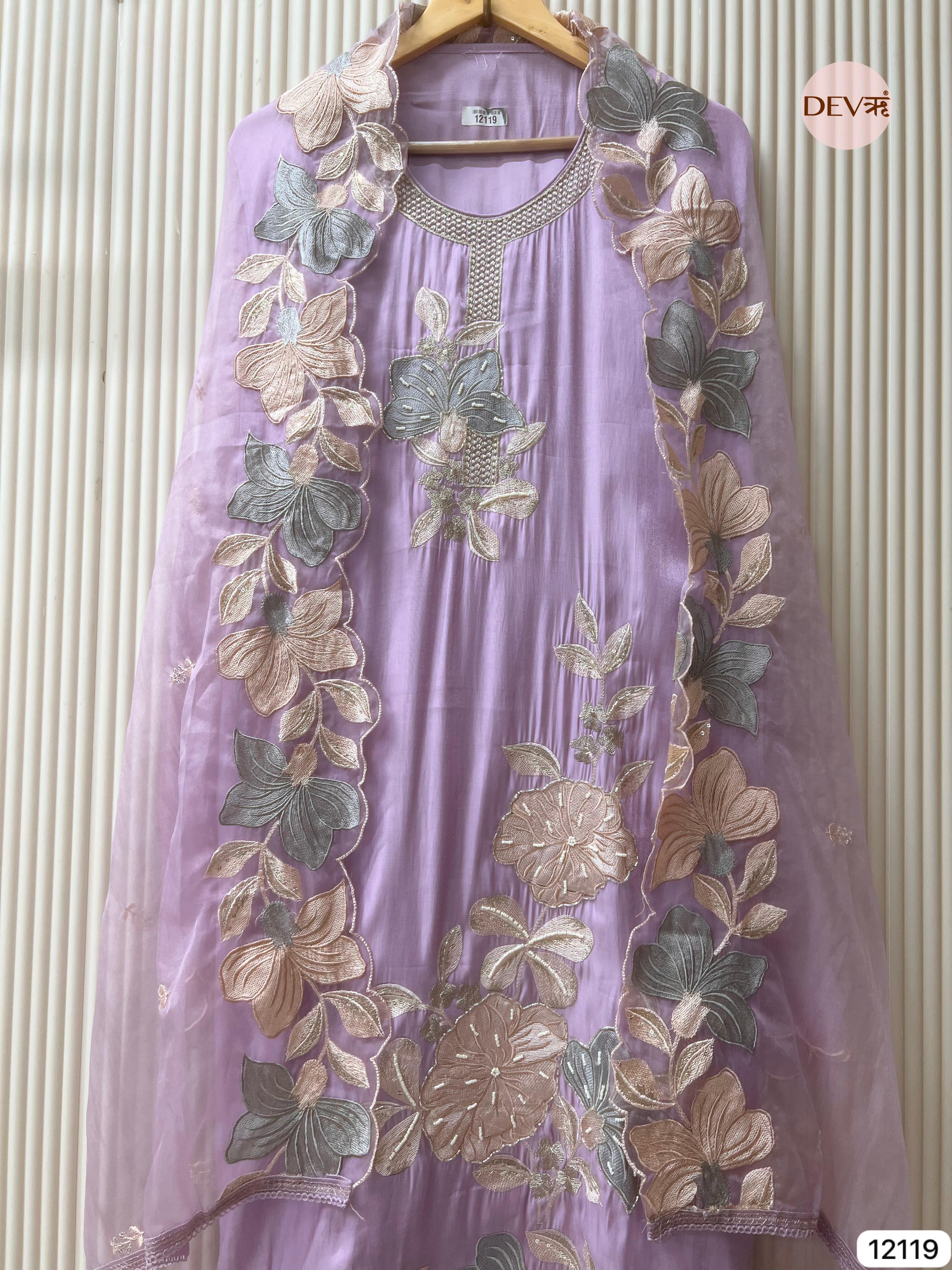 Light Purple Organza Silk Unstitched Hand Embroidered -Set Of 3 - {12119}