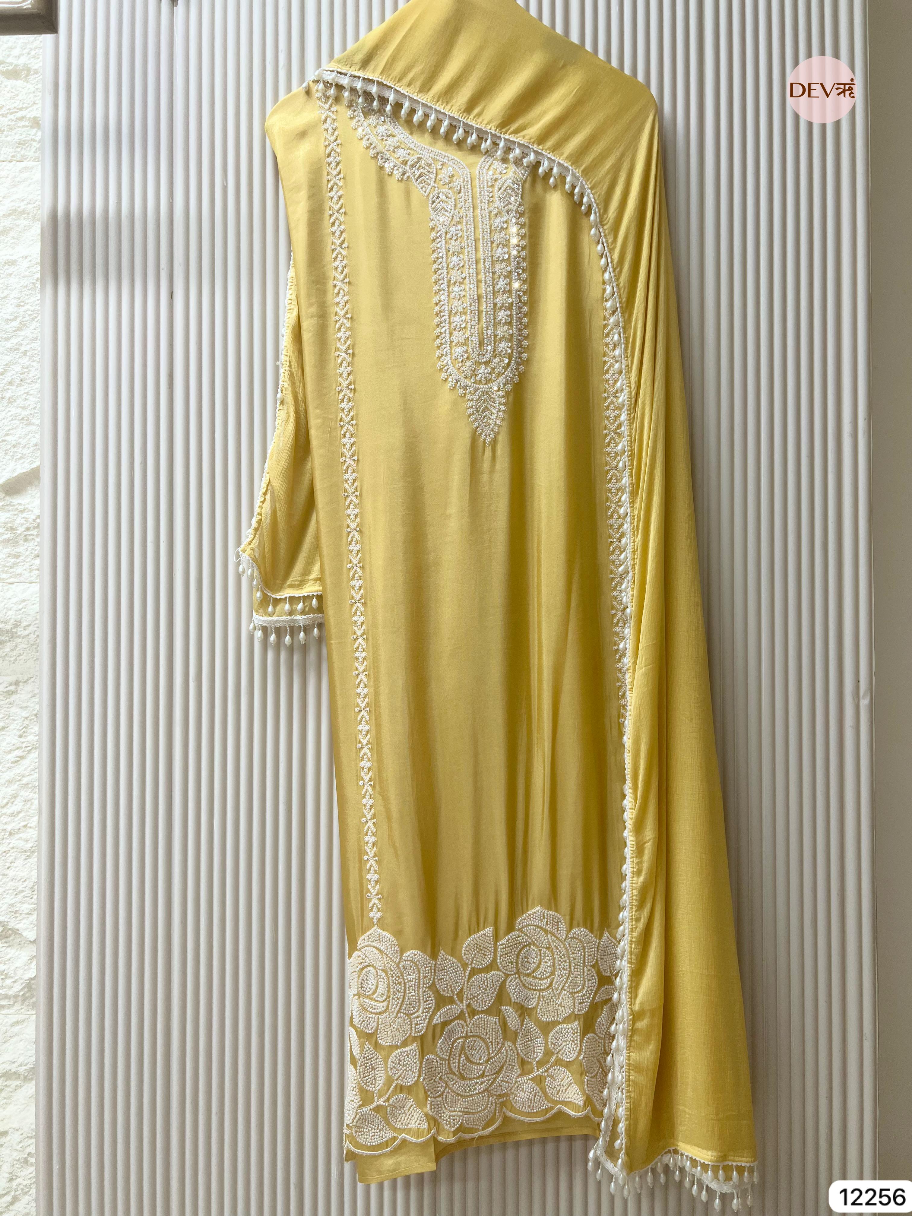Mustard Shimmer Silk Embroidered Unstitched 3-Piece Suit (Devri – D.No 12256)