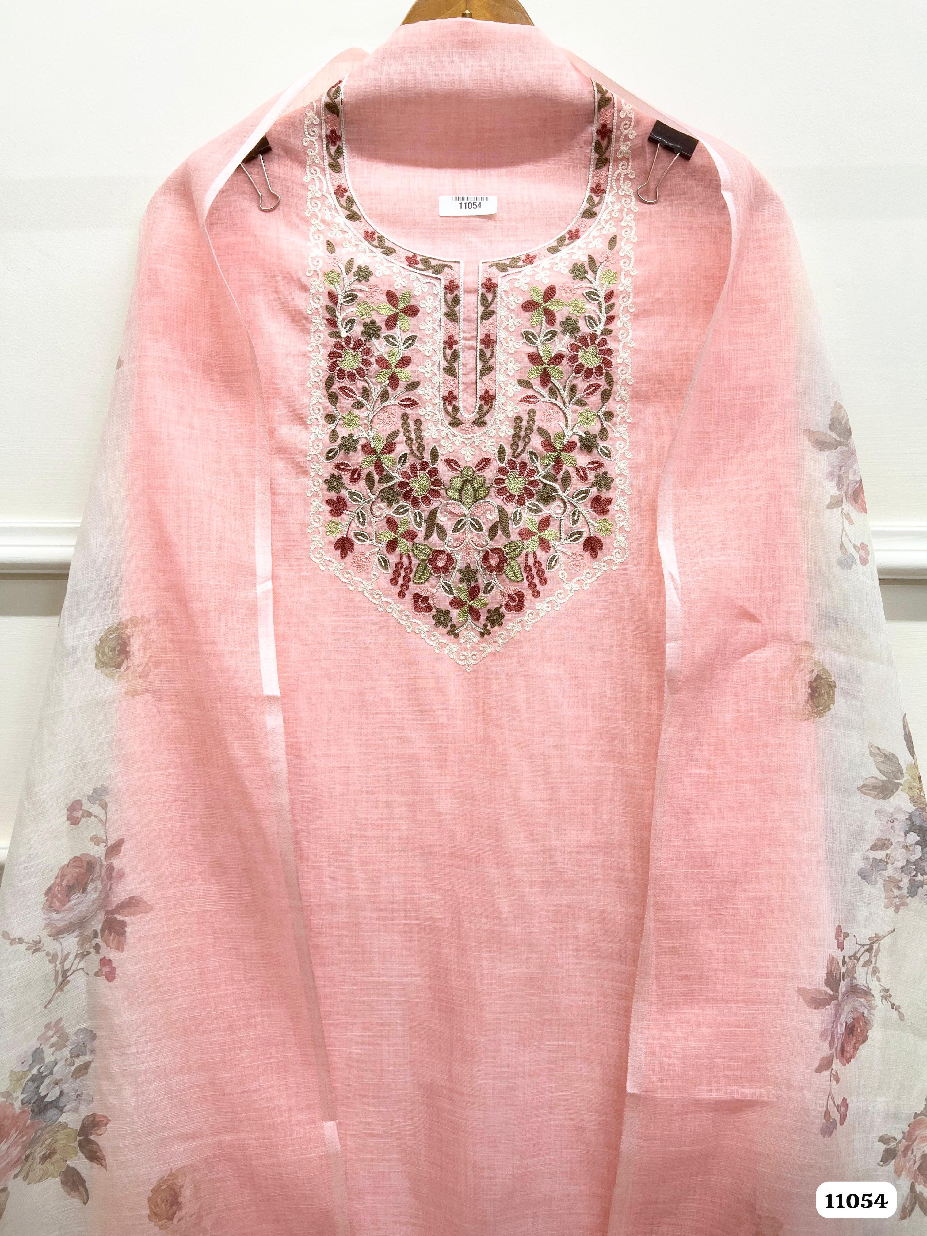 Pink Khadi Cotton Unstitched Embroidered -Set Of 3 {11054}