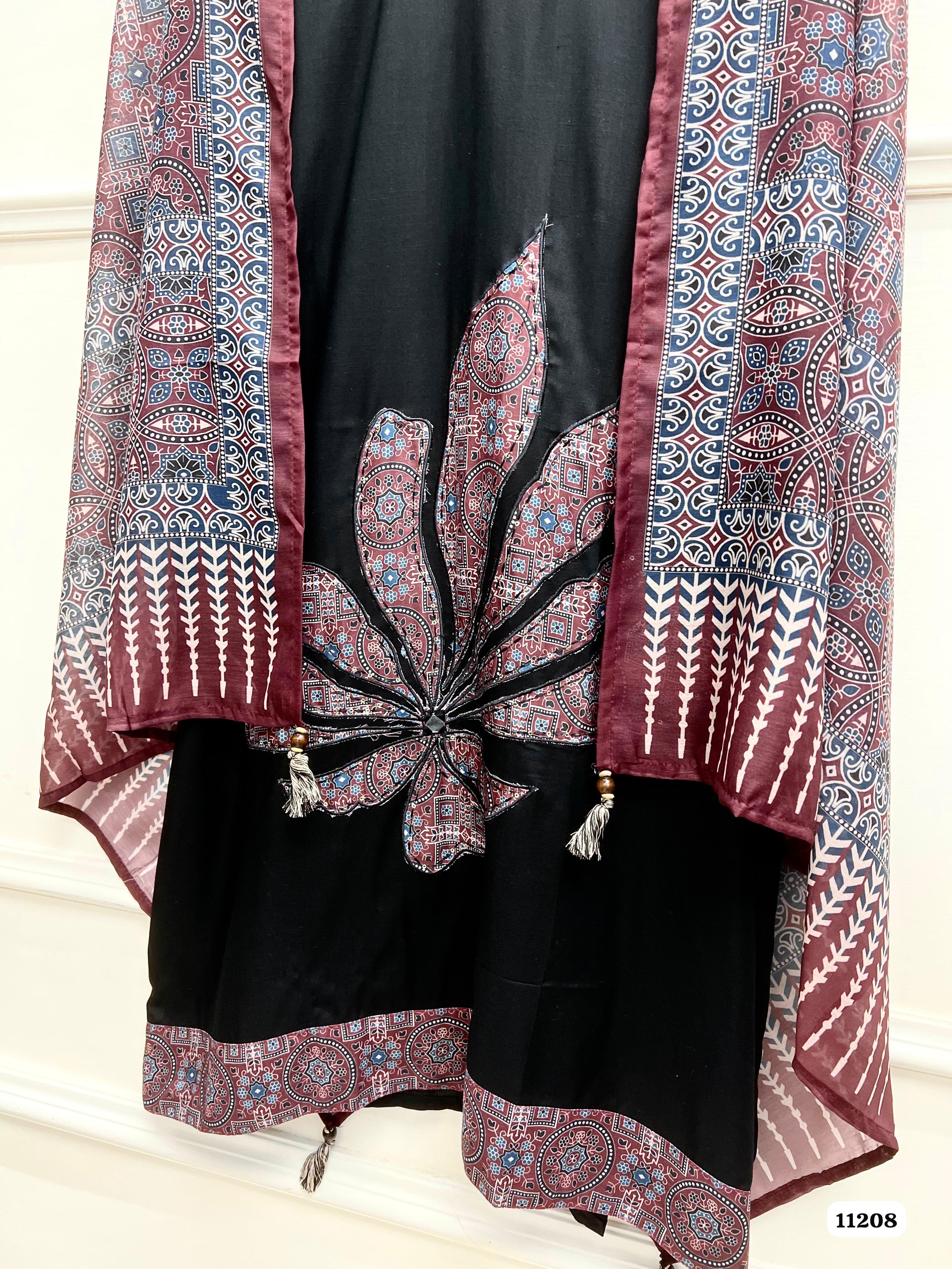 Black Cotton Slub Unstitched Printed -Set Of 3 - {11208}