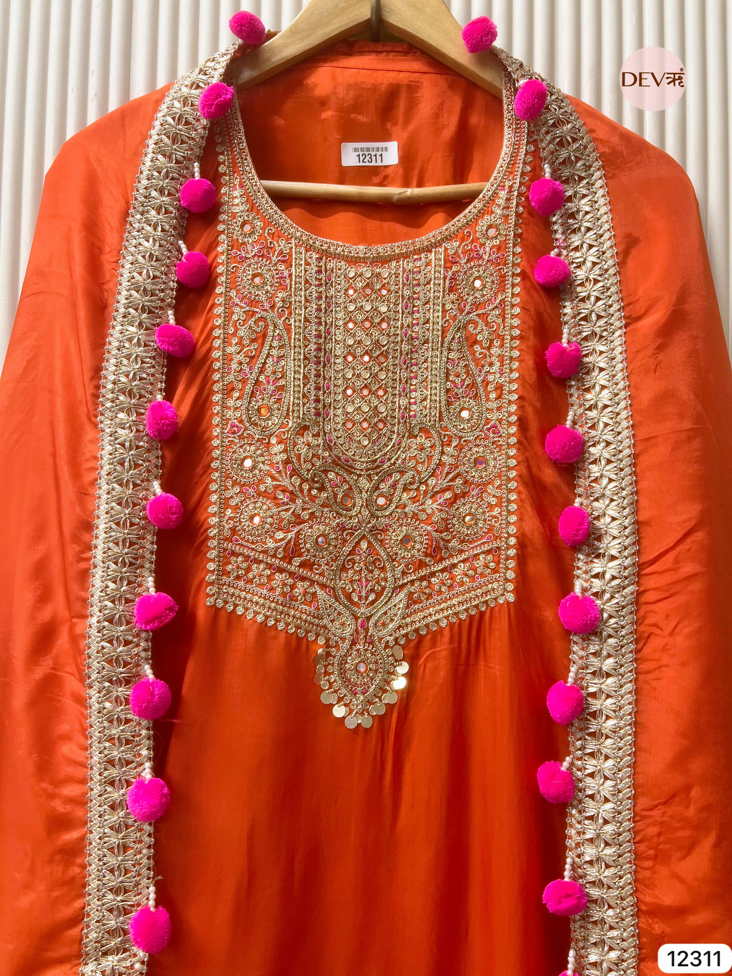 Orange Glass Organza Embroidered Unstitched 3-Piece Suit (Devri – D.No 12311)
