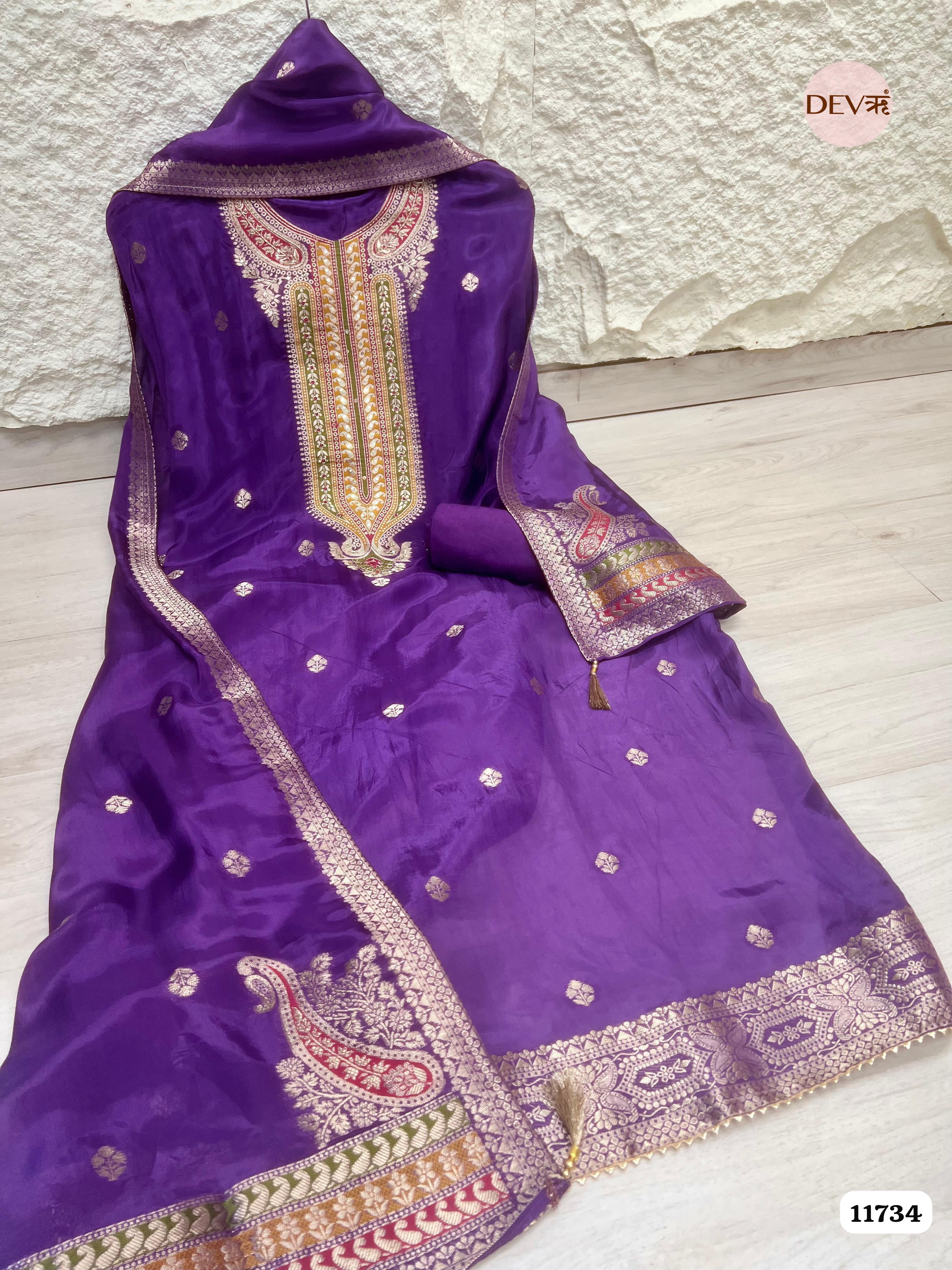 Purple Organza Silk Unstitched Banarasi Weave Hand Embroidered -Set Of 3 {11734}