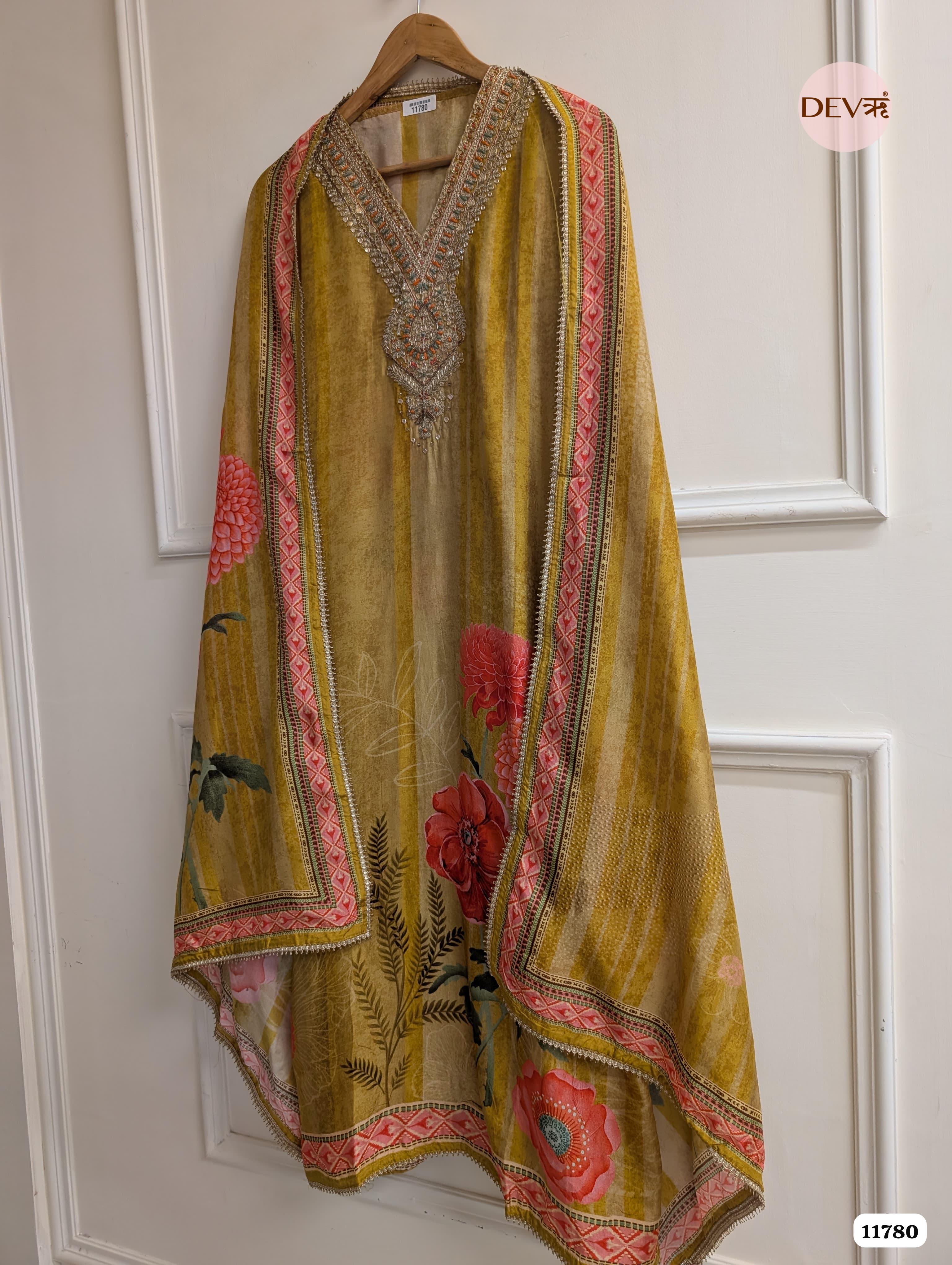 Yellow Russian Silk Printed Unstitched Hand Embroidered -Set Of 3 {11780}