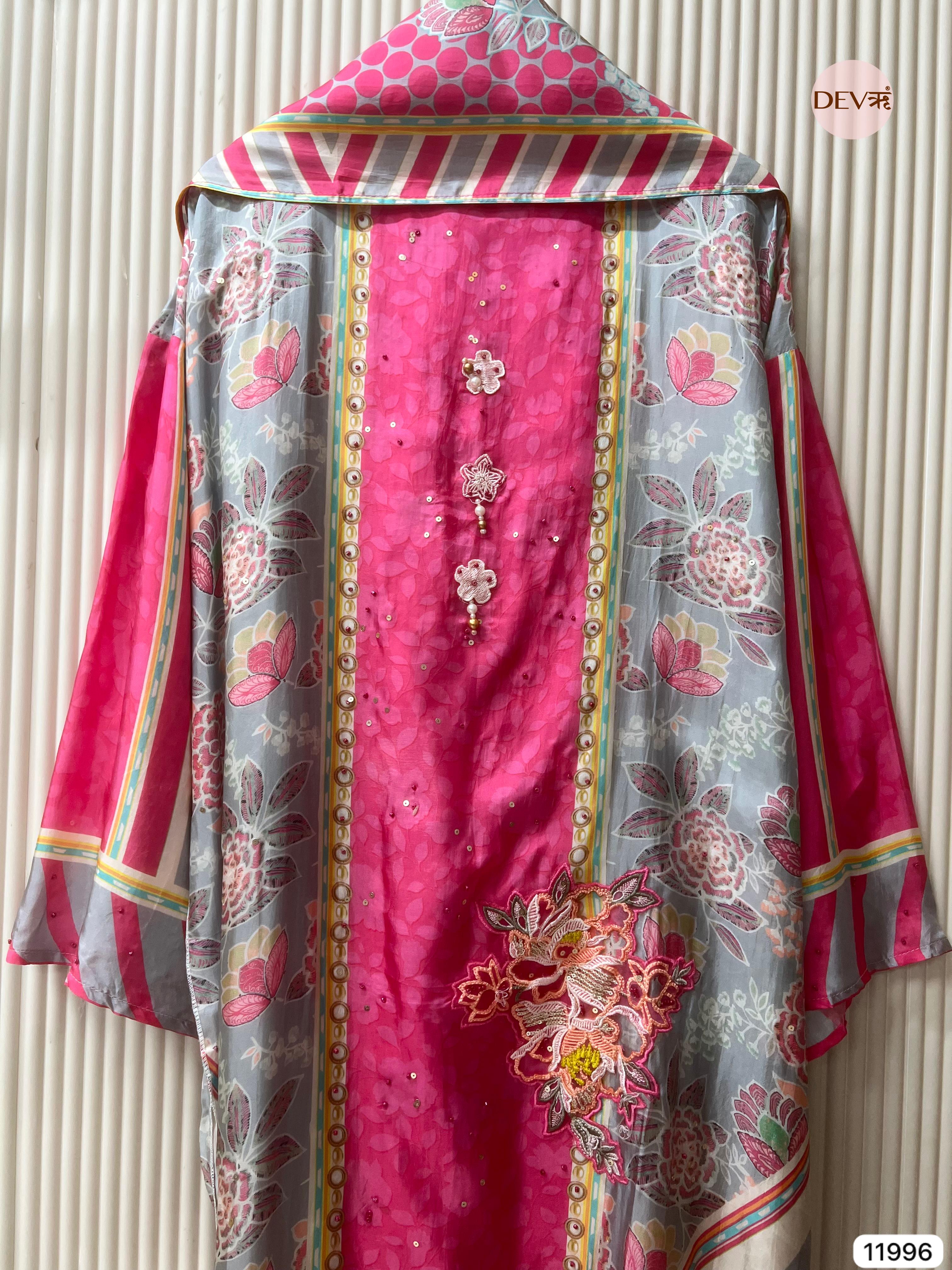 {11996}Pink Pure Organza Silk Semi stitched Printed Embroidered -Set Of 3