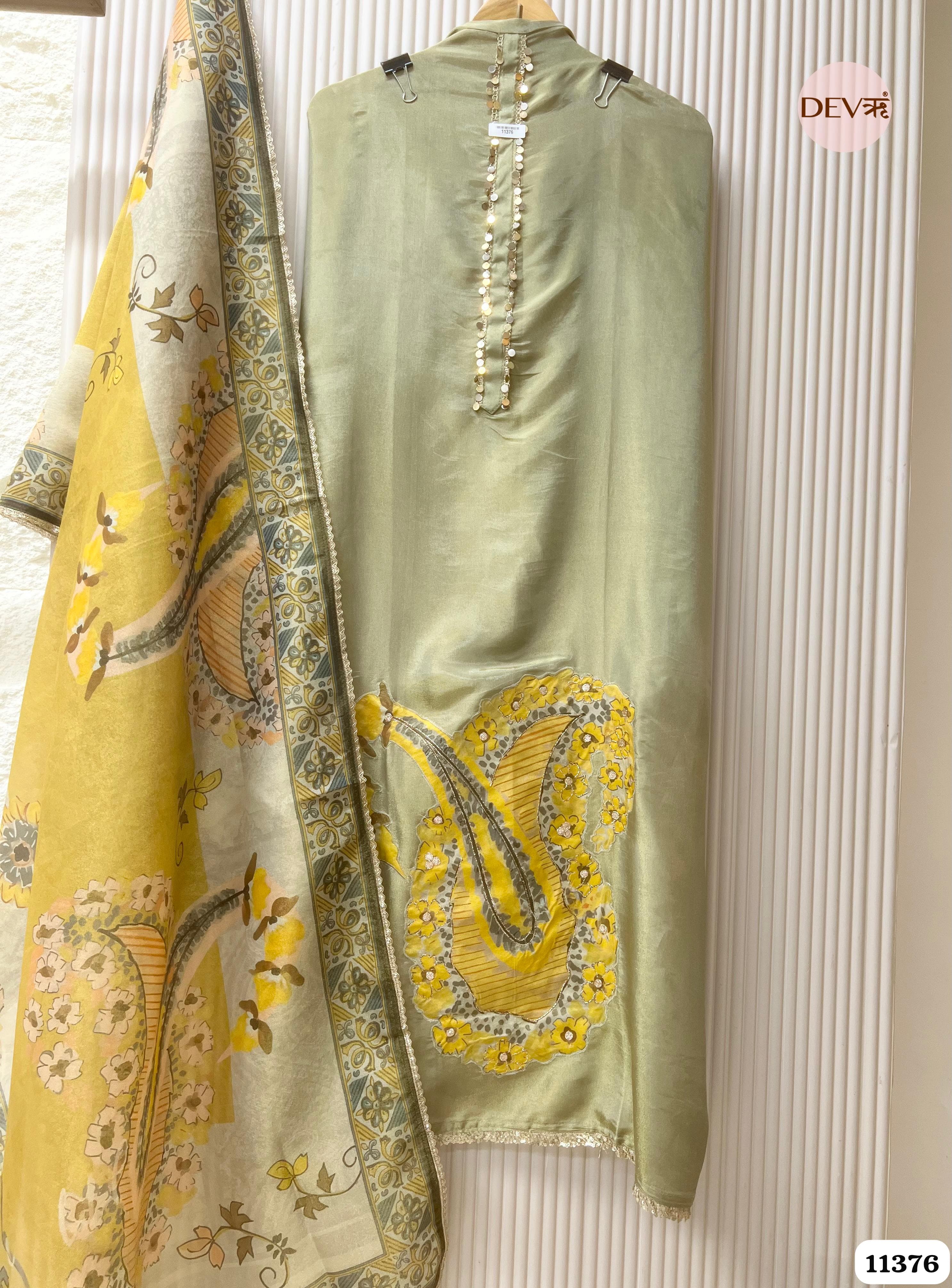 Green Tissue Silk Unstitched Embroidered -Set Of 3 {11376}