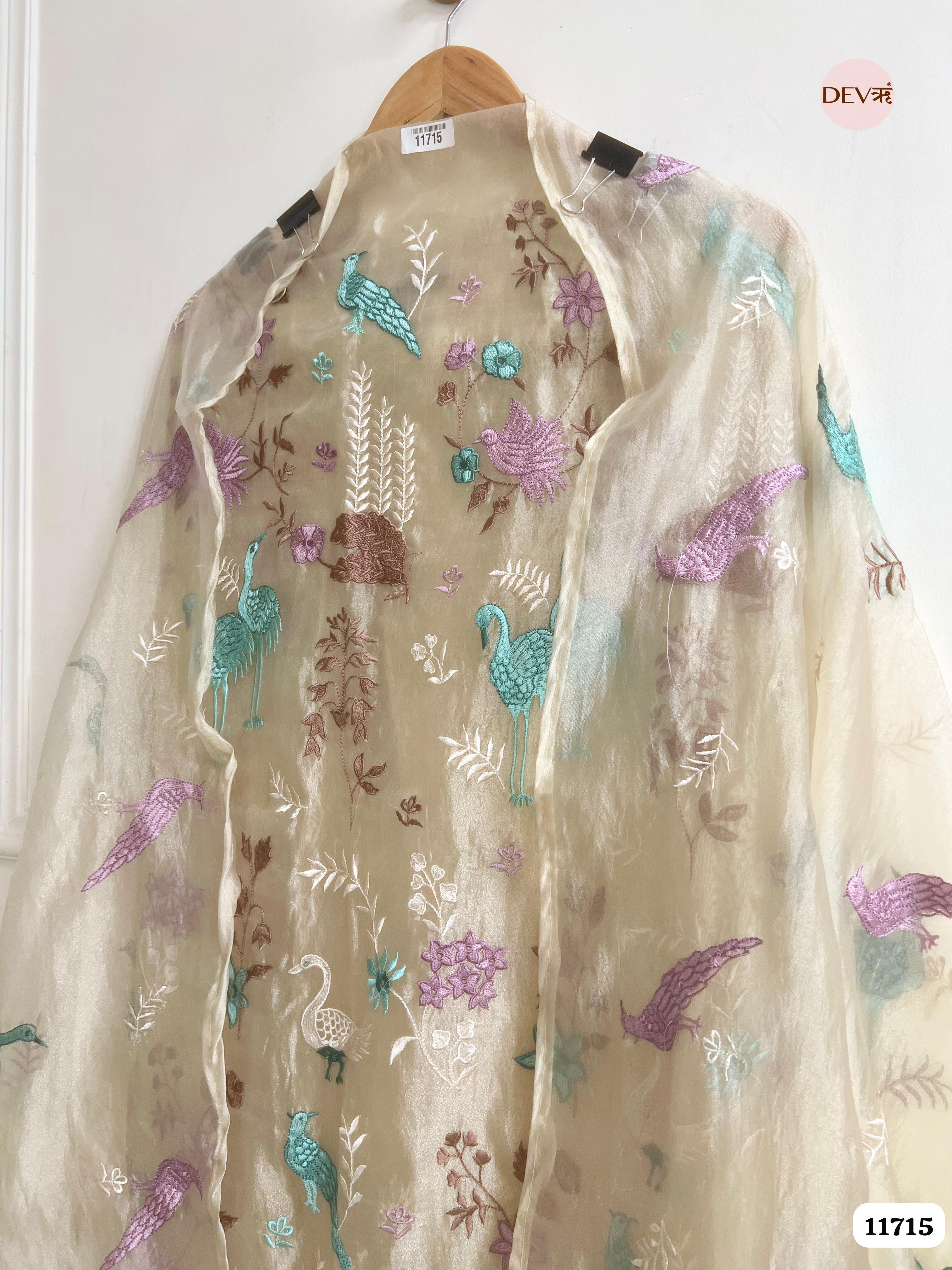 Beige Tissue Organza Silk Unstitched Embroidered -Set Of 3- {11715}