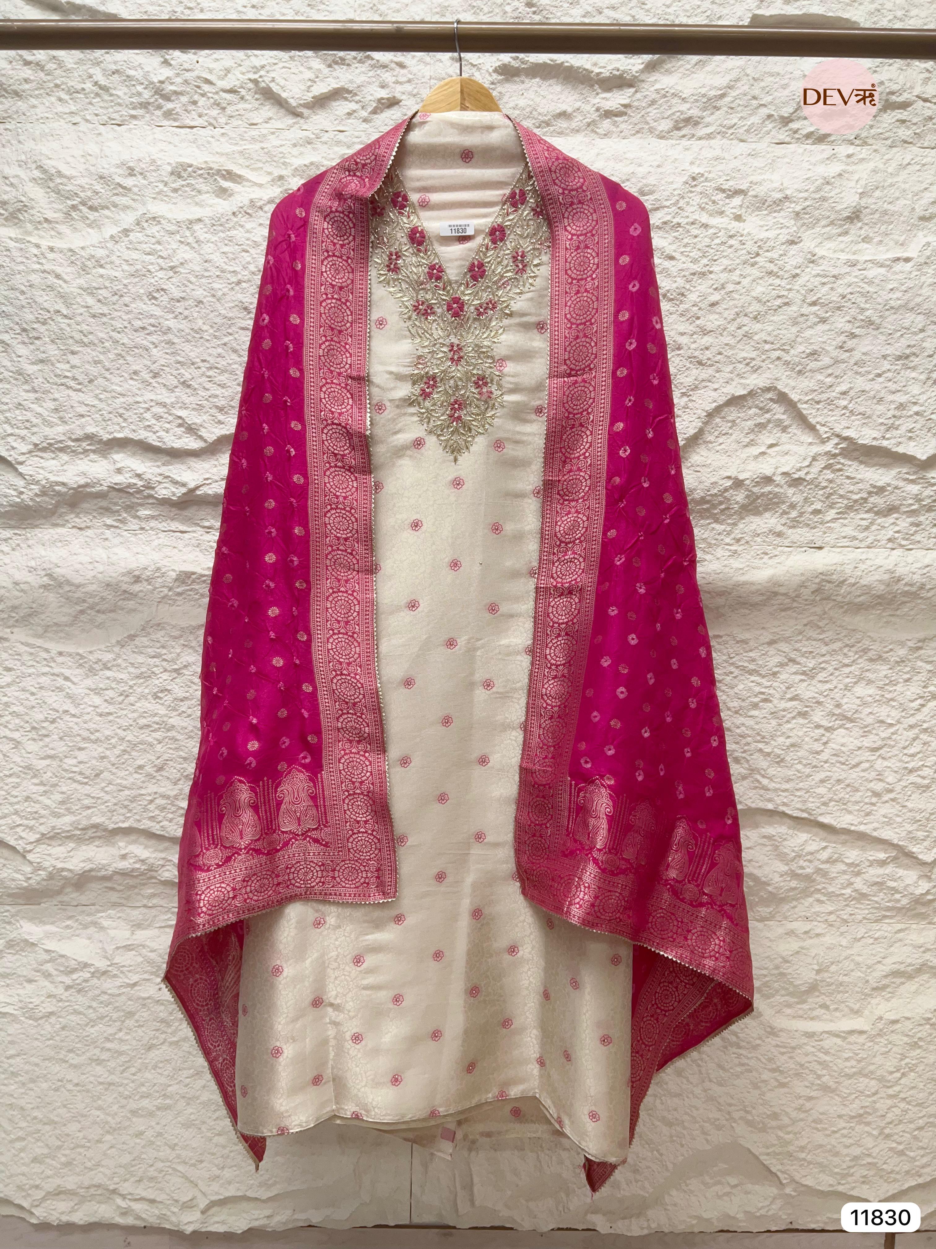 Off white Pure Tissue Shimmer Silk Unstitched Hand Embroidered -Set Of 3 - {11830}