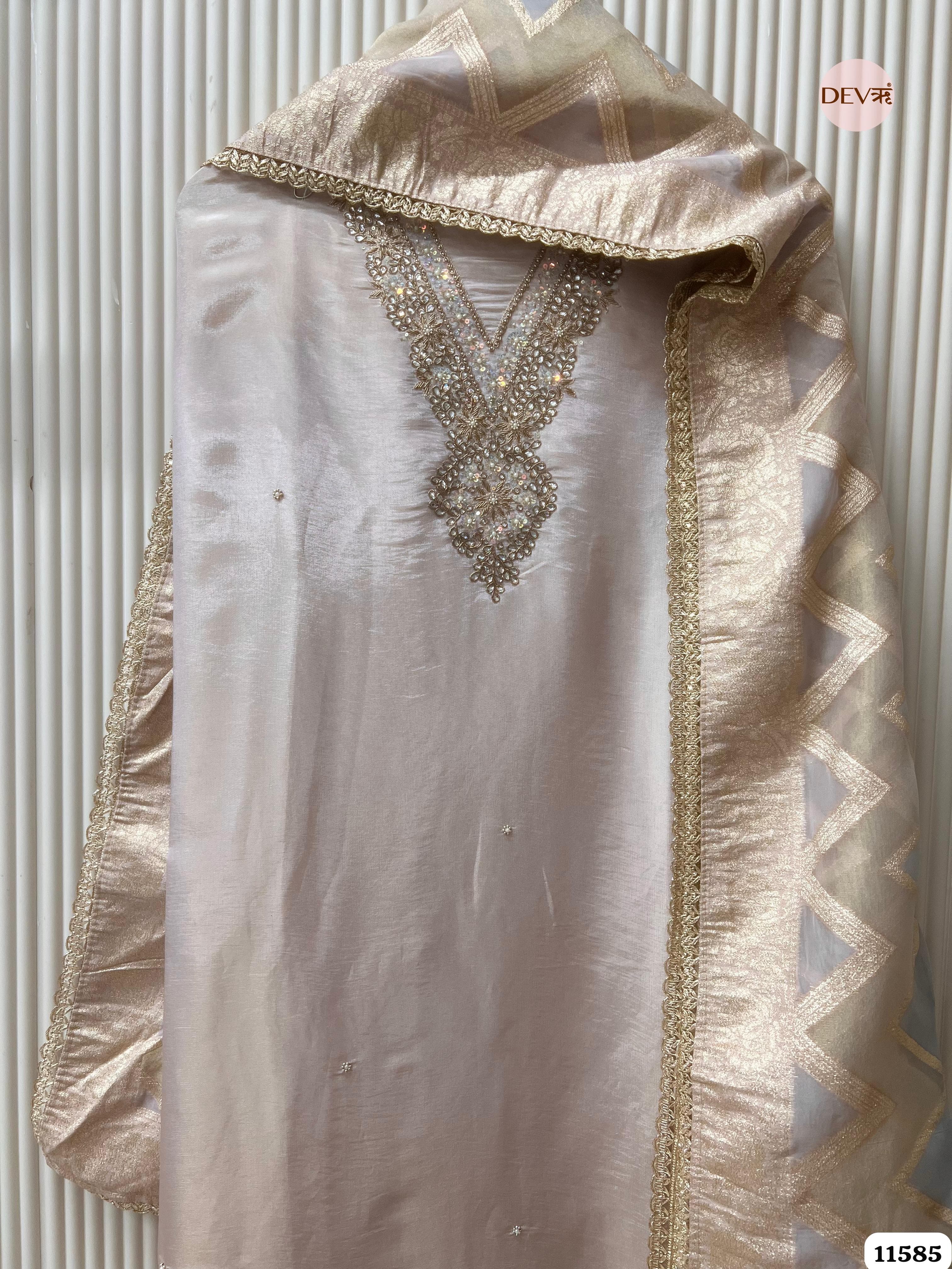 Beige Pure Tissue Silk Unstitched Hand Embroidered -Set Of 3 {11585}