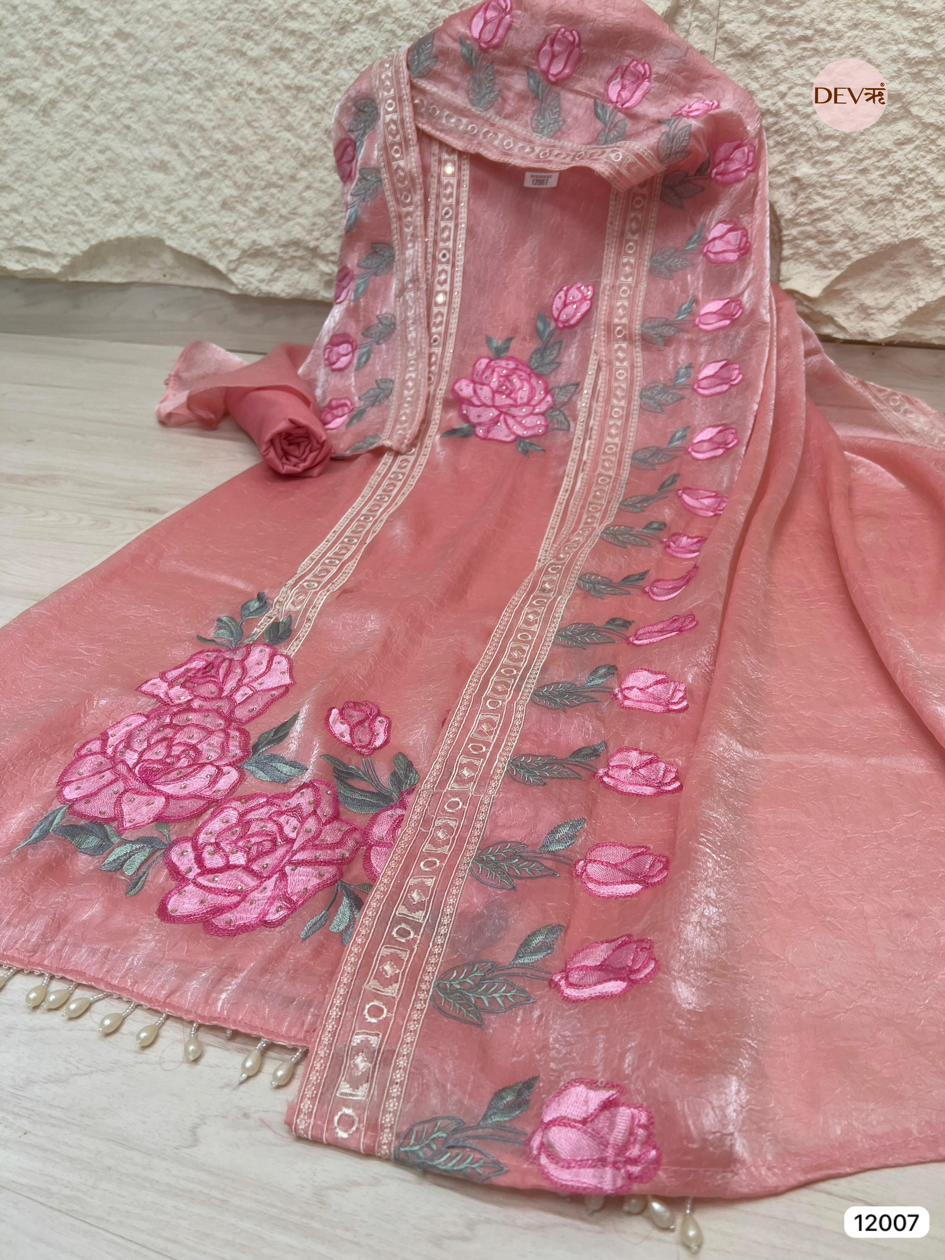 Pink Tissue Organza Silk Unstitched Embroidered -Set Of 3 - {12007}