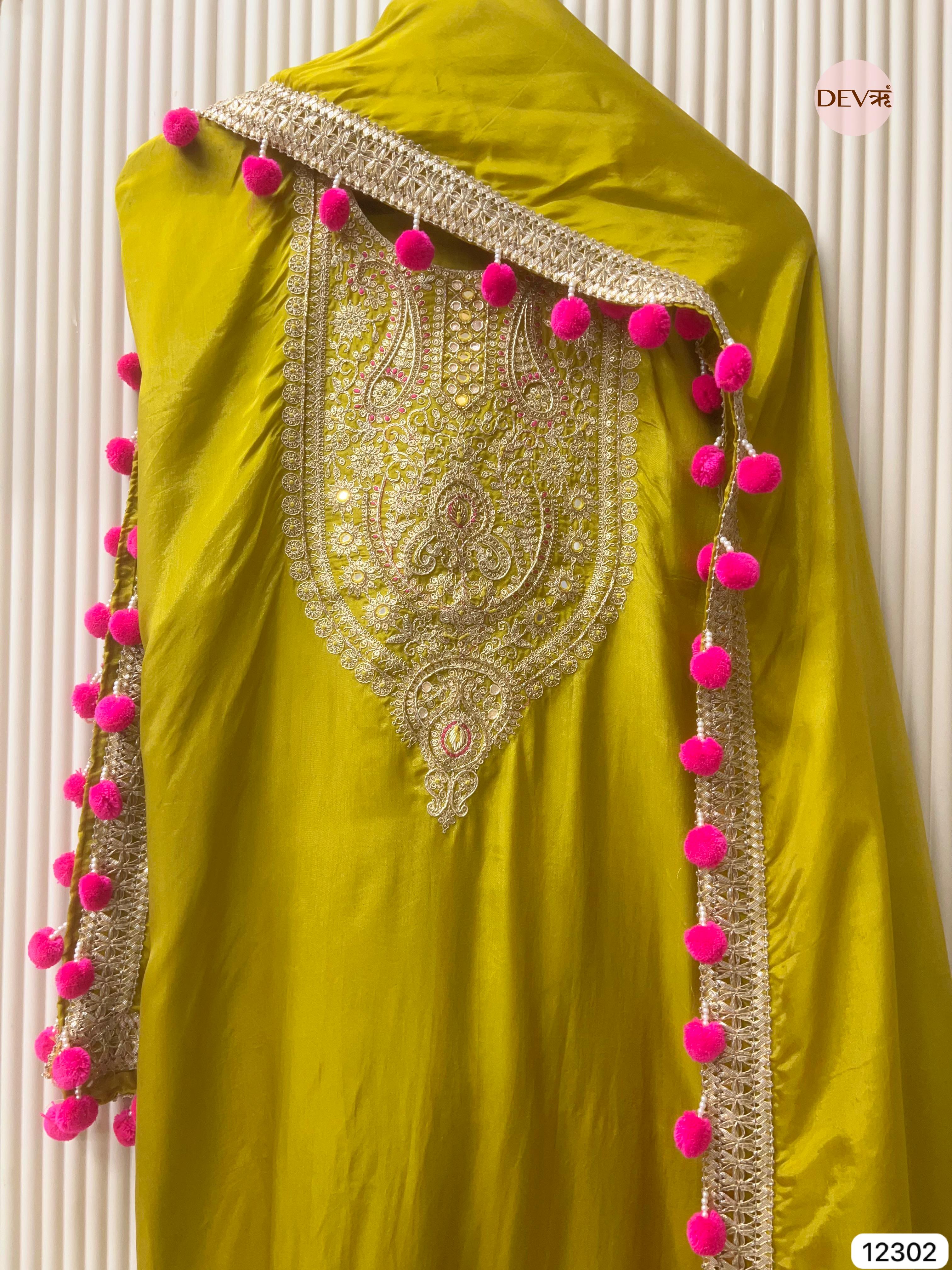 Lime Glass Organza Embroidered Unstitched 3-Piece Suit (Devri – D.No 12302)