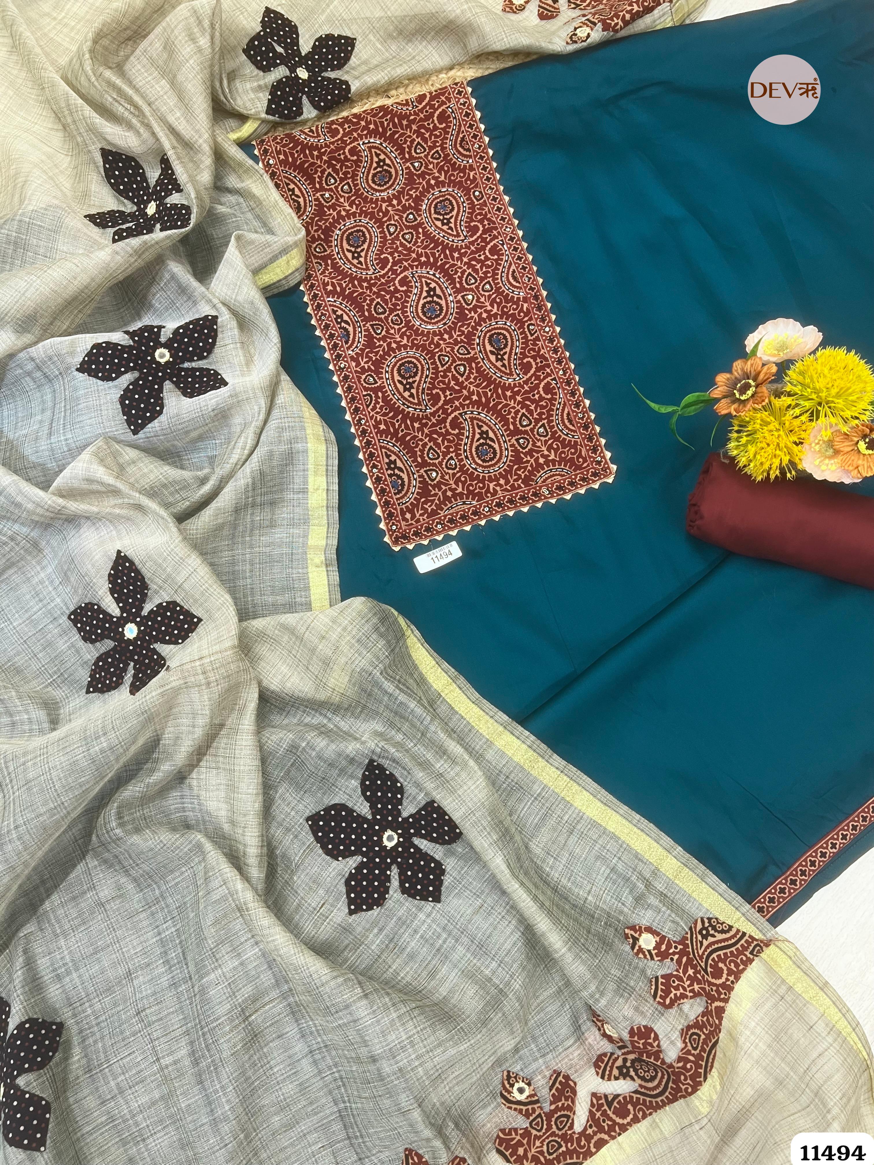 Deep Blue Cotton Jaam Unstitched Printed Hand Embroidered -Set Of 3 {11494}