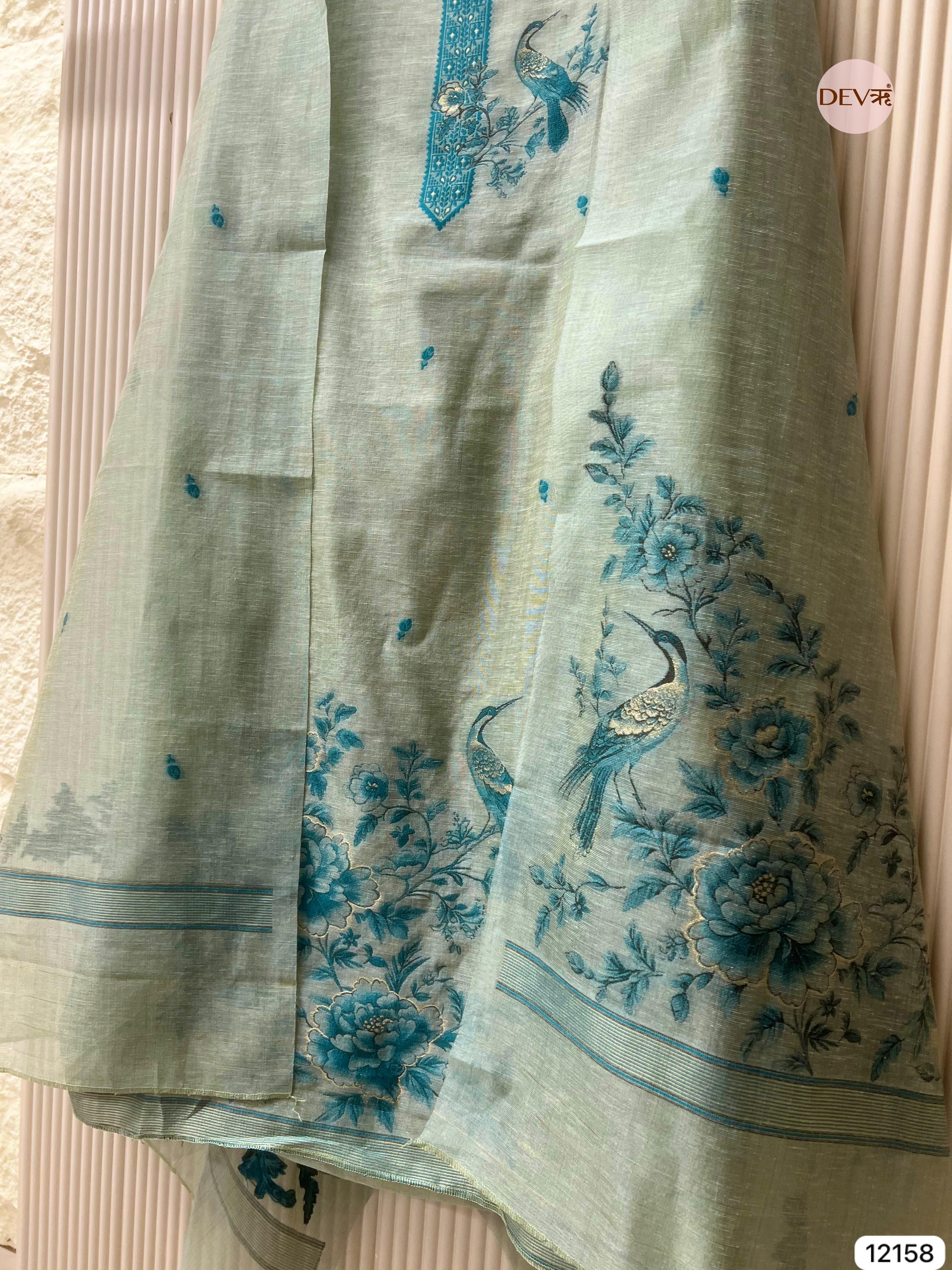 {12158} Green Jamdani Linen Unstitched - Set Of 3