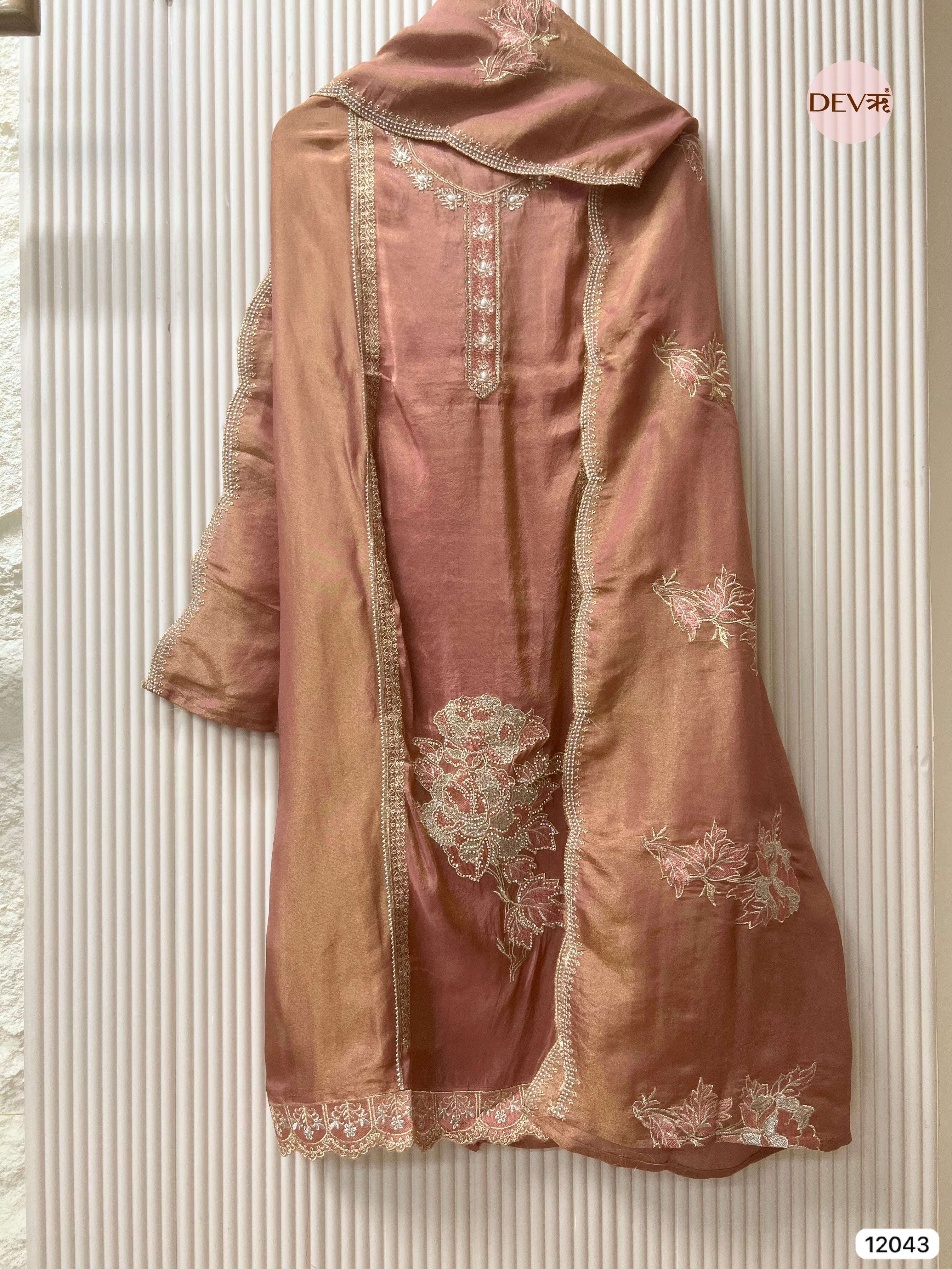 Brown Tissue Shimmer Silk Unstitched Hand Embroidered -Set Of 3 - {12043}