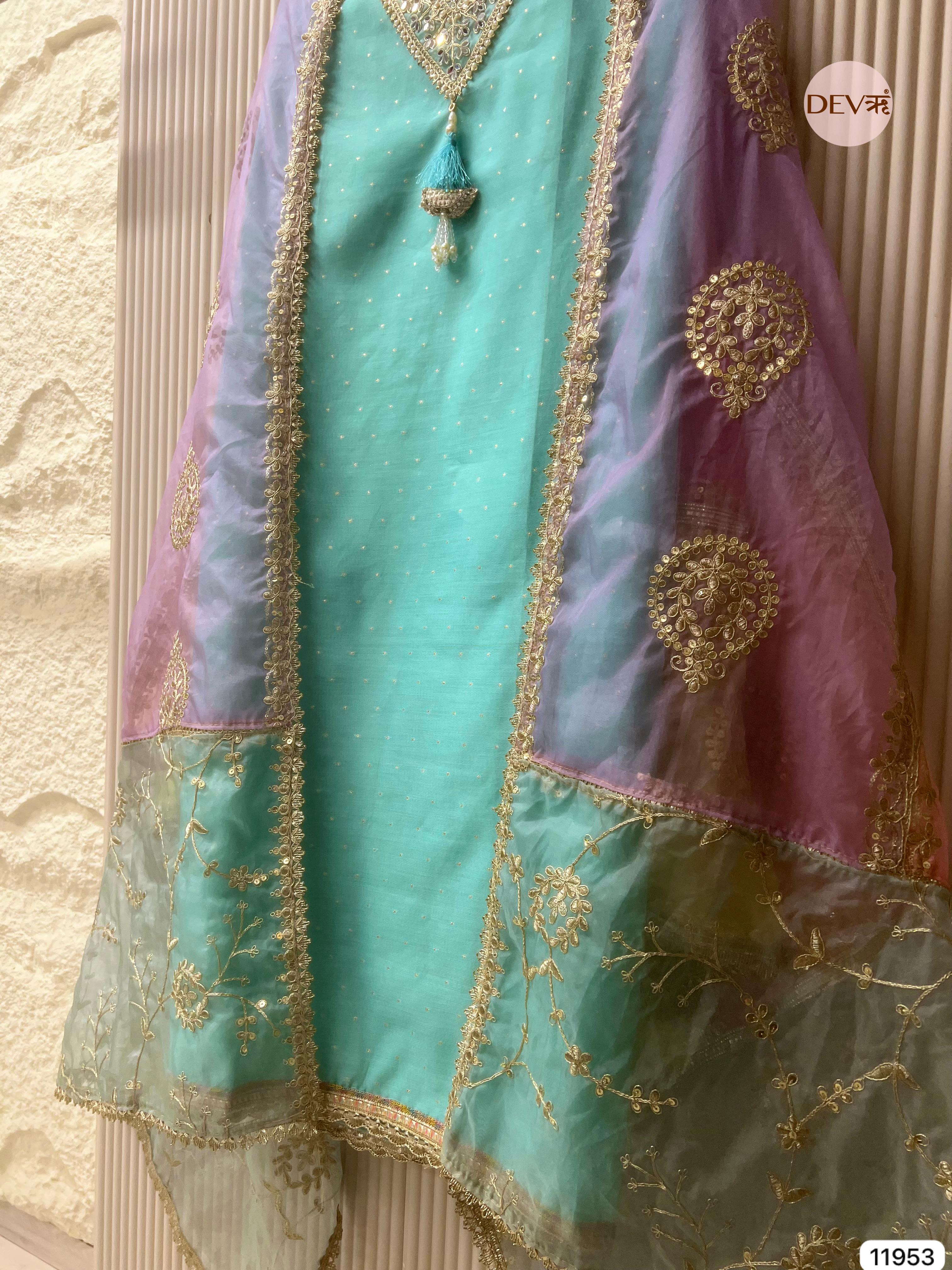 Blue Pure Shimmer Tissue Silk Unstitched Hand Embroidered -Set Of 3 - {11953}