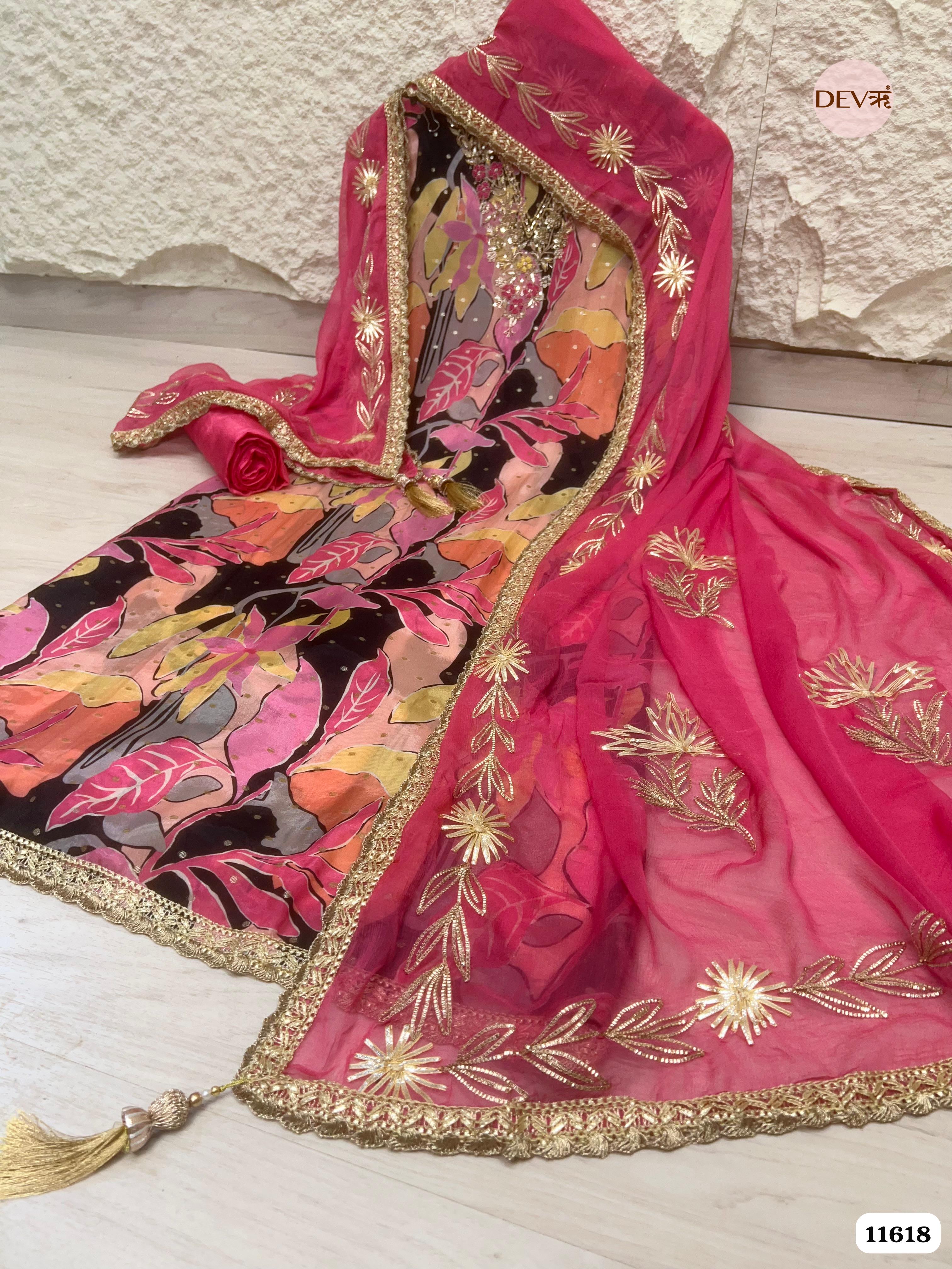 Pink Pure Organza Silk Unstitched Printed Hand Embroidered -Set Of 3 {11618}