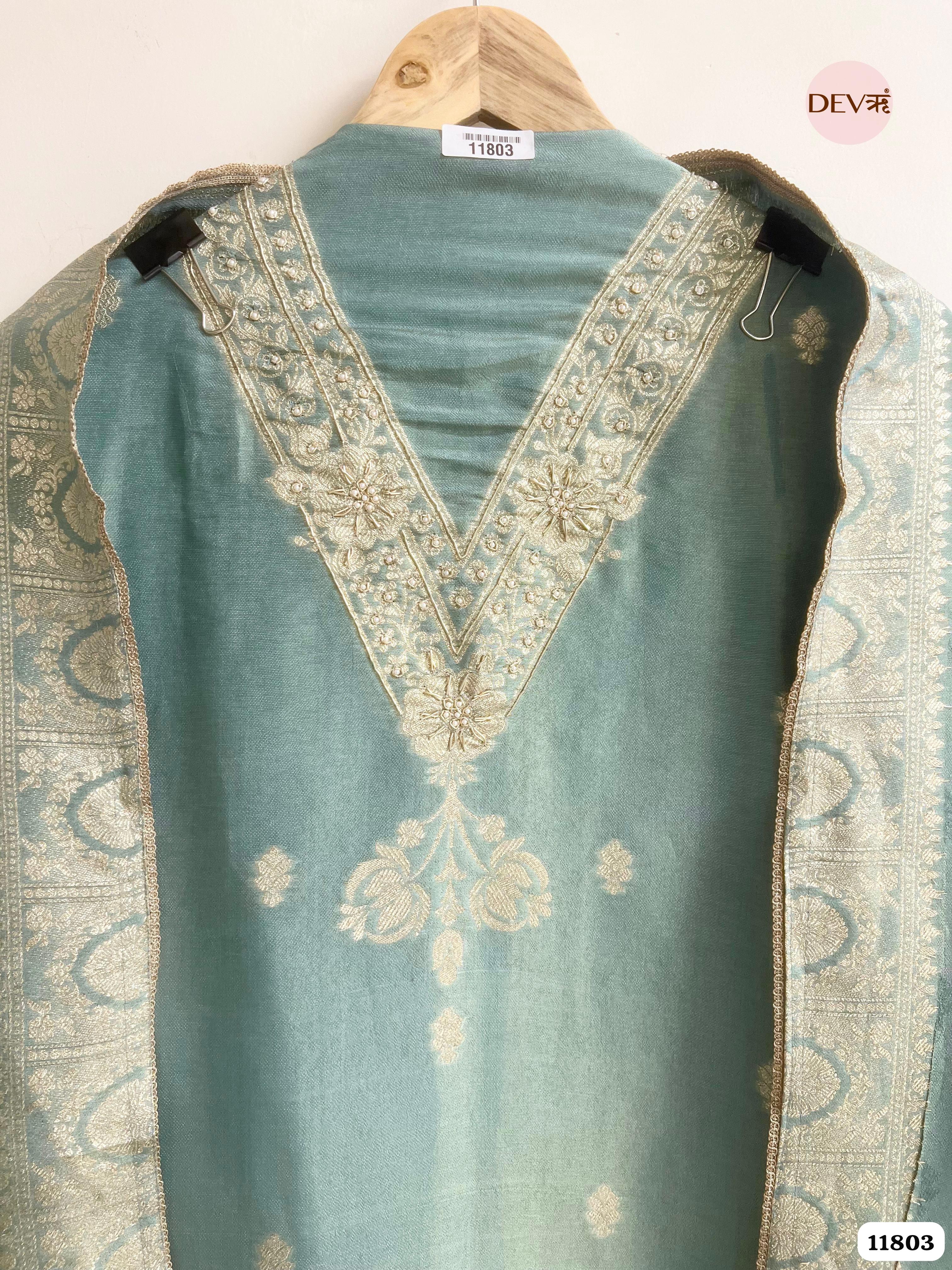 Green Tissue Silk Unstitched Banarasi Weave Hand Embroidered -Set Of 3 {11803}