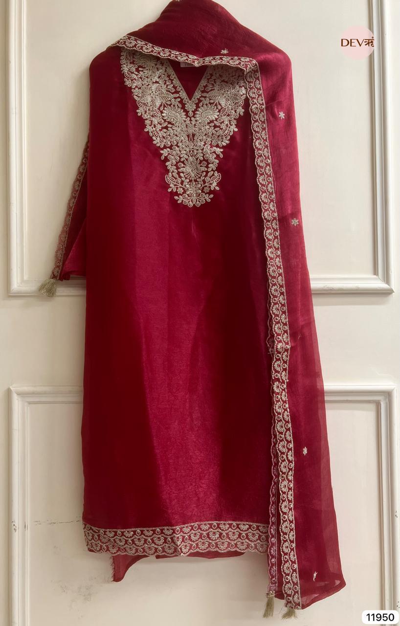 Maroon Crush Tissue Embroidered Unstitched 3-Piece Suit (Devri – D.No 11950)