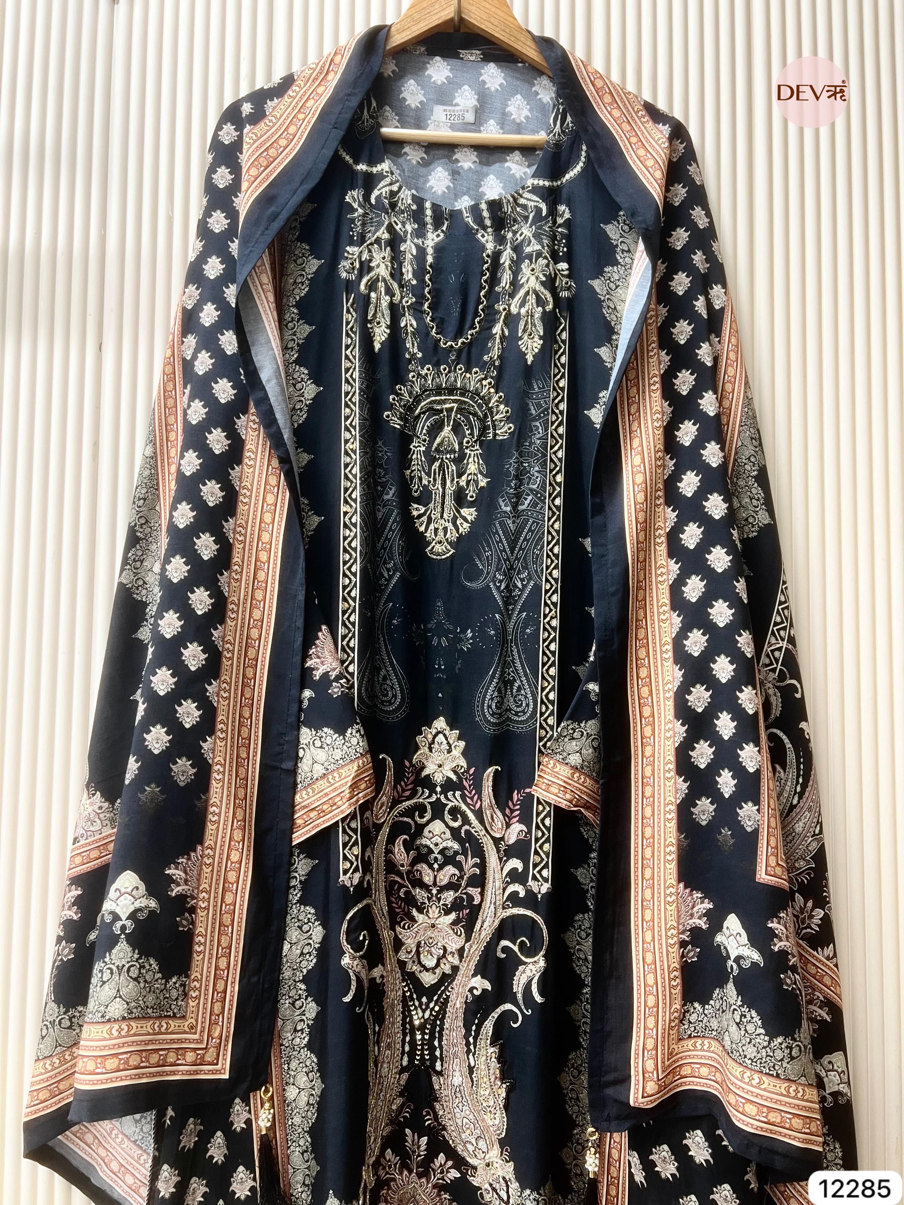 Navy Blue Muslin Printed Unstitched 3-Piece Suit (Devri – D.No 12285)