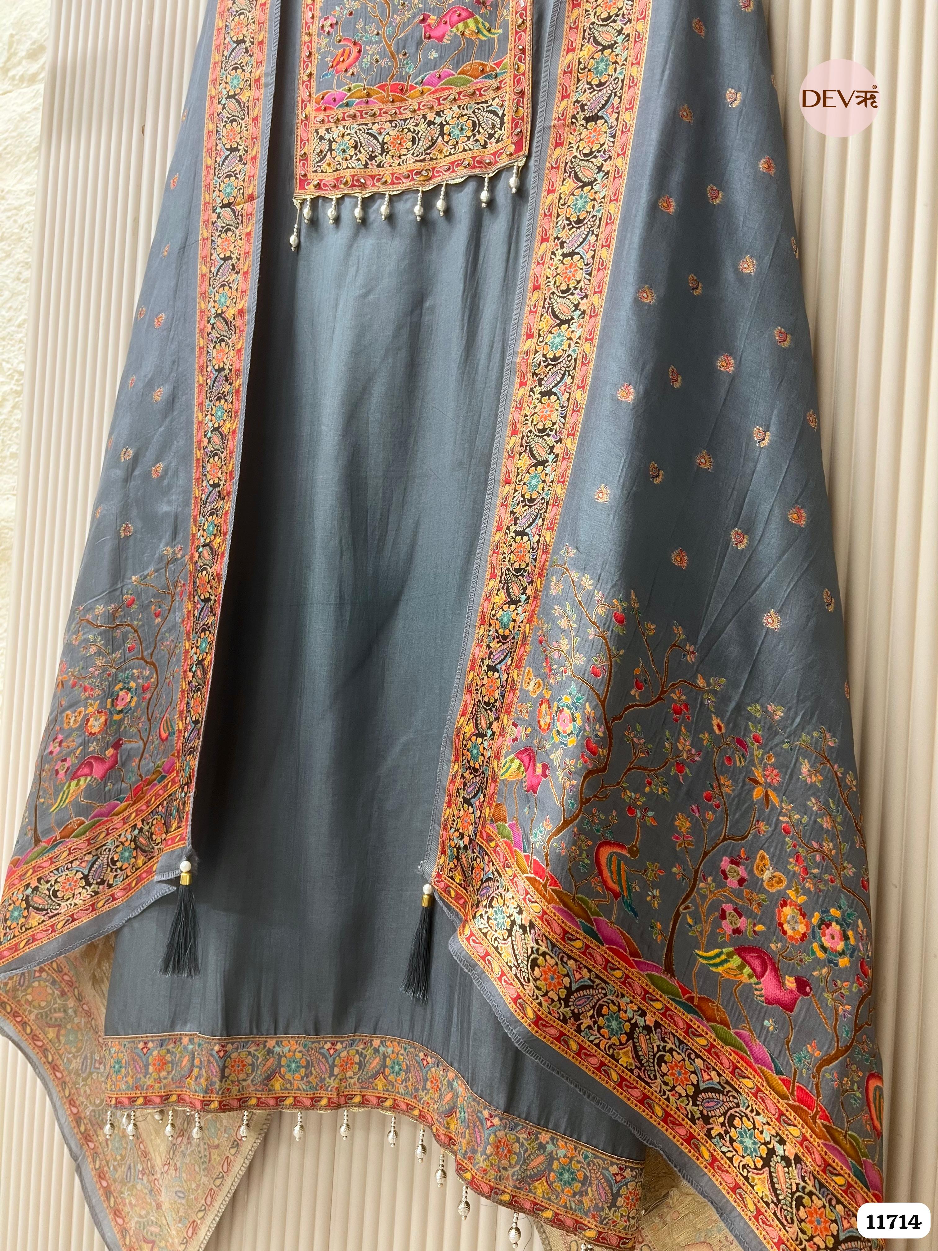 Grey Dola Silk Unstitched Banarasi Woven Hand Embroidered -Set Of 3- {11714}
