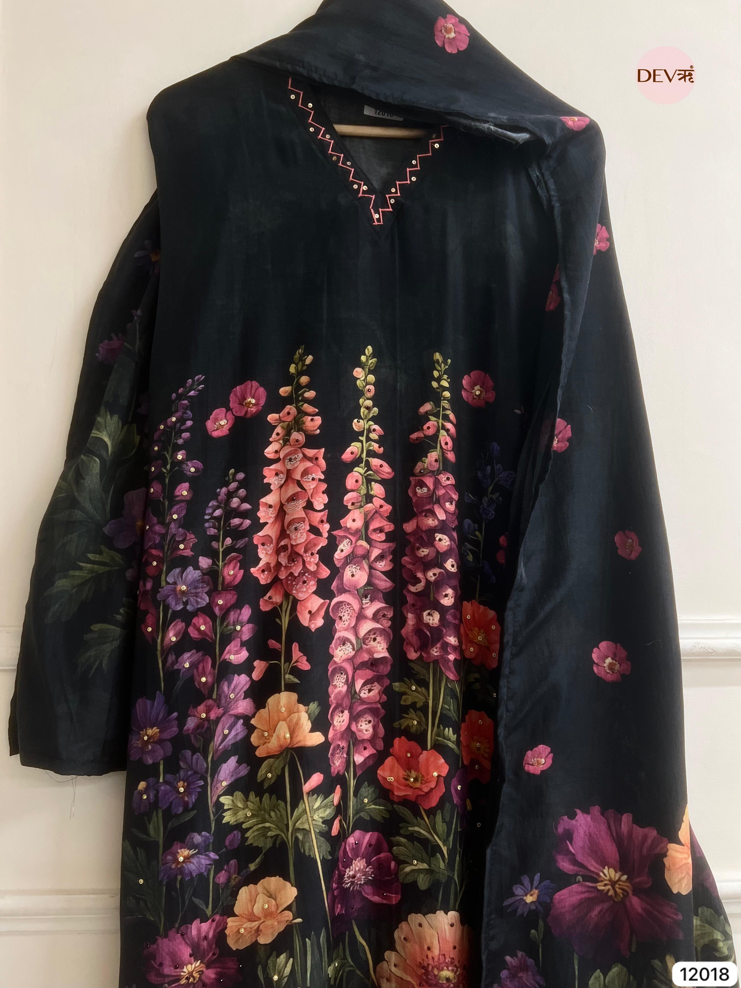 Black Muslin Semi Stitched Printed Hand Embroidered -Set Of 3 - {12018}