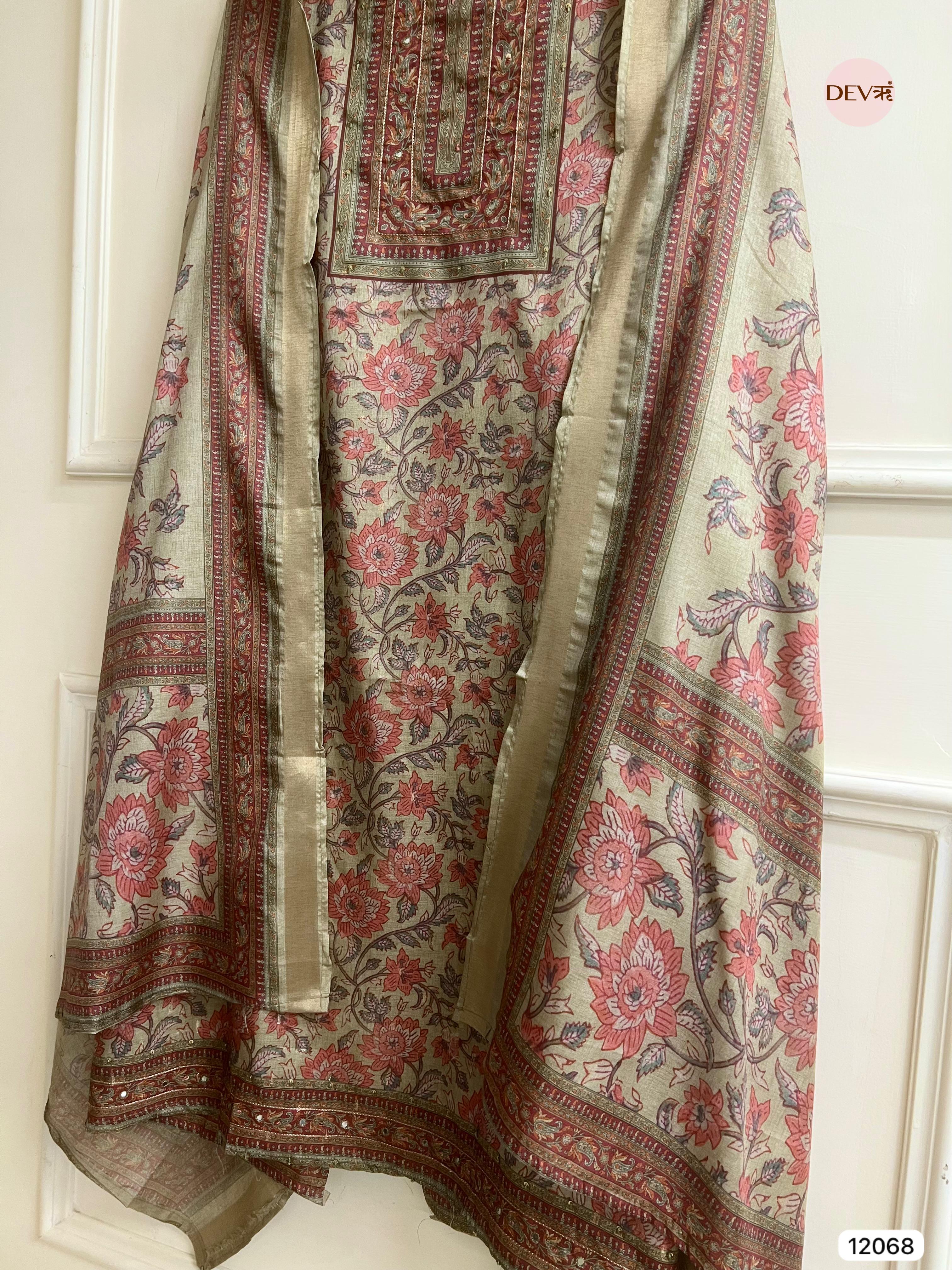 Multi Colour Tusser Khadi Silk Printed Unstitched Hand Embroidered -Set Of 3 - {12068}