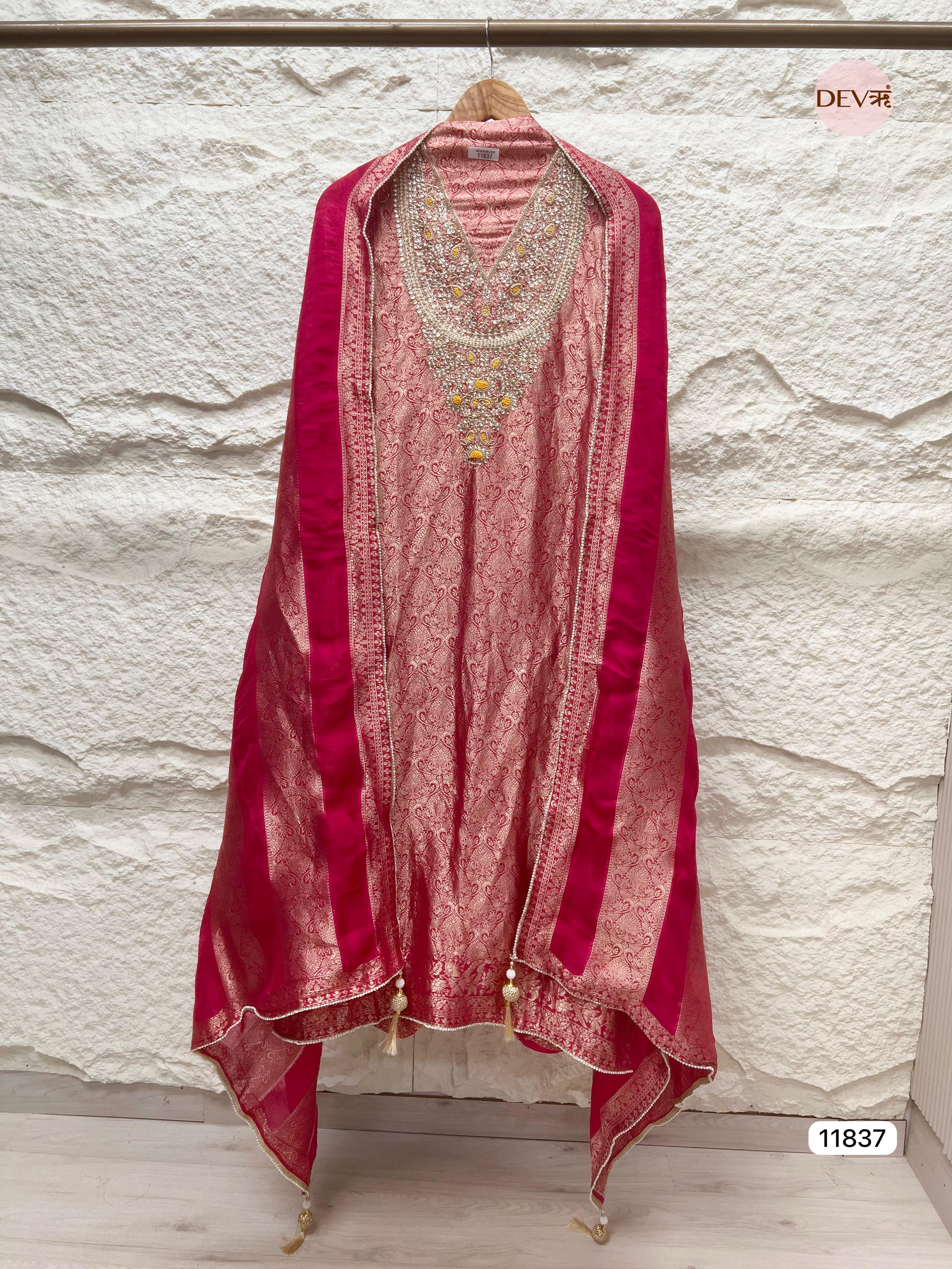 Red Pure Dola Silk Unstitched Banarasi Weave Hand Embroidered -Set Of 3- {11837}