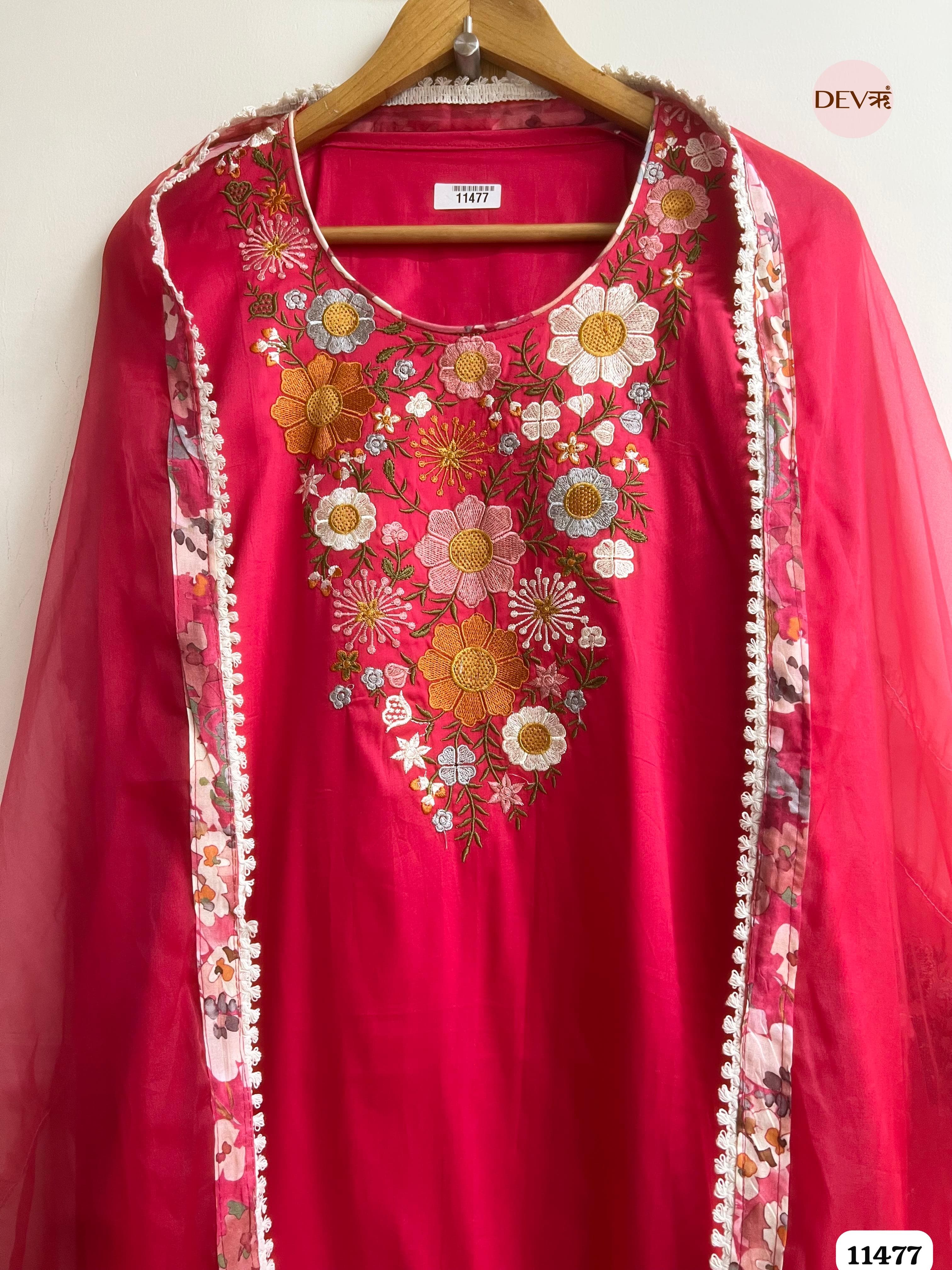 Vibrant Pink Modal Silk Unstitched Embroidered -Set Of 3
