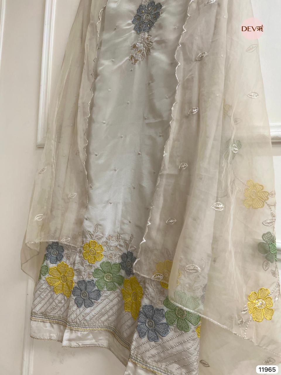 Off White Tissue Shimmer Silk Unstitched Embroidered -Set Of 3 - {11965}
