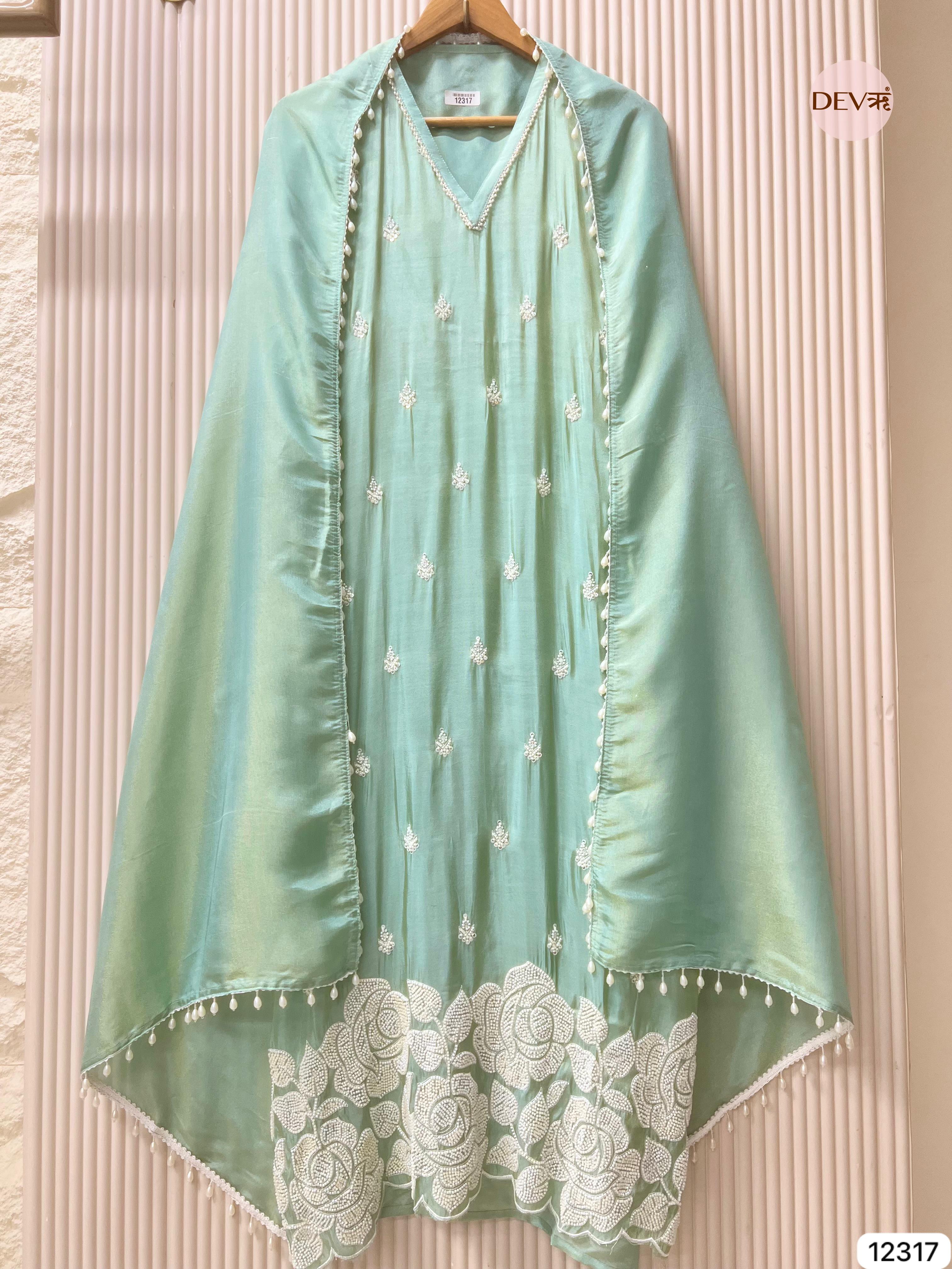 Mint Green Shimmer Silk Embroidered Unstitched 3-Piece Suit (Devri – D.No 12317)