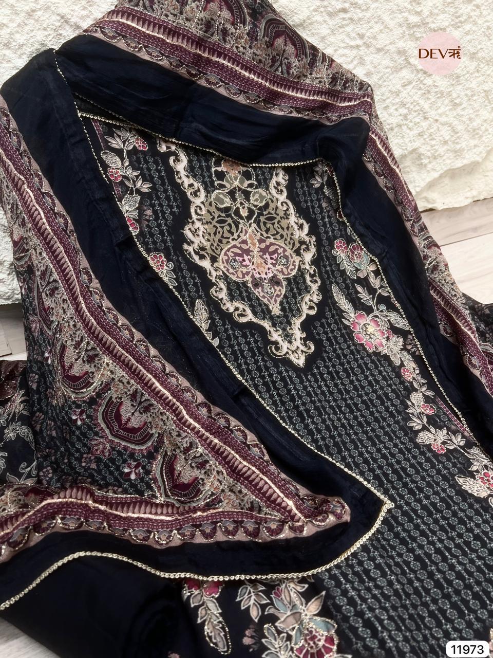 Black Muslin Printed Unstitched 3-Piece Suit (Devri – D.No 11973)