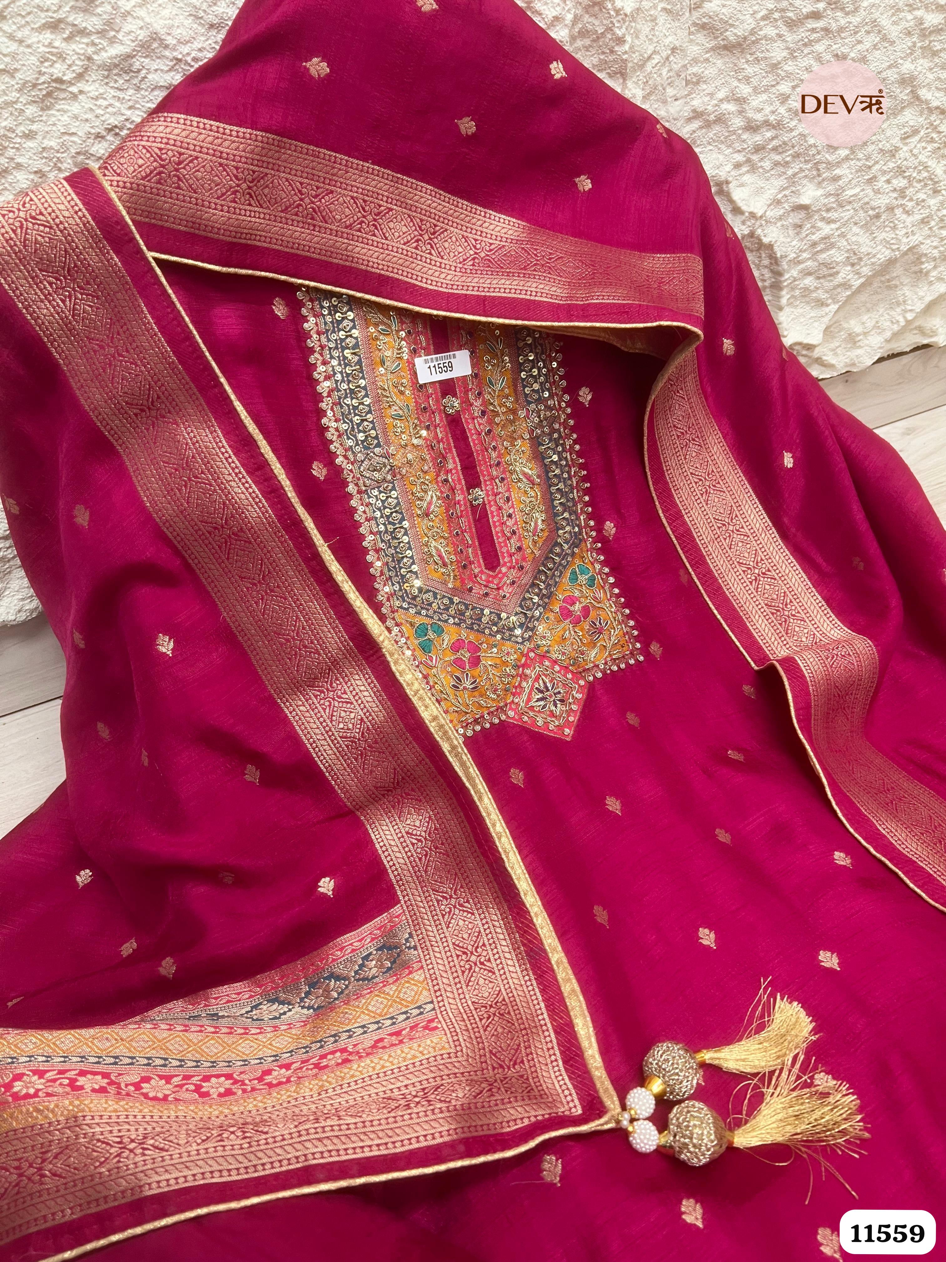 Red Dola silk Banarasi Weave Unstitched Hand Embroidered -Set Of 3 {11559}