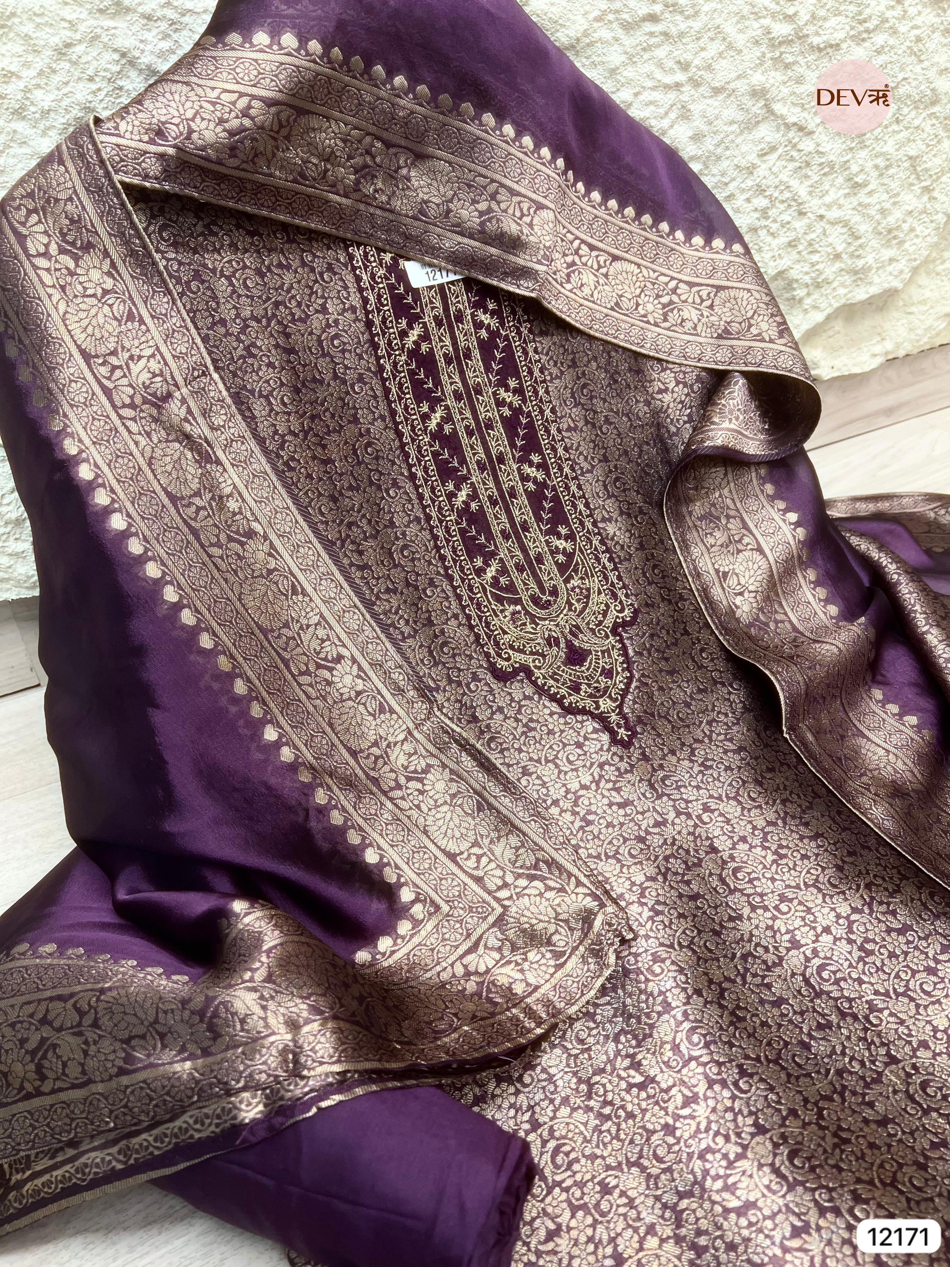 Purple Pure Banarasi silk Unstitched Hand Embroidered -Set Of 3 - {12171}