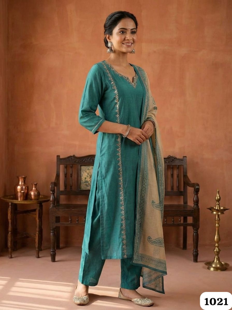 Teal Glow Chanderi 3-Piece Set {1021}