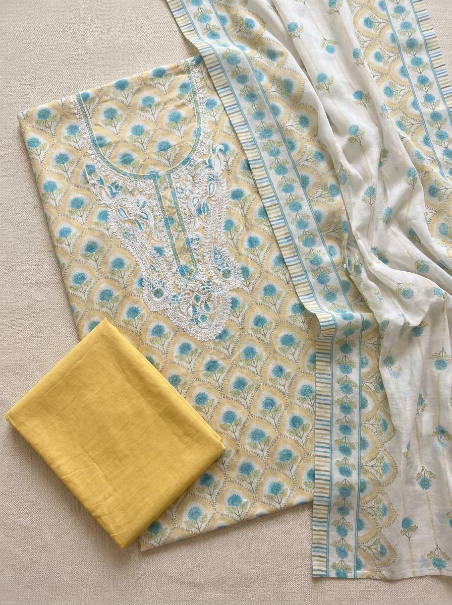 Yellow Cotton Embroidered Unstitched 3-Piece Suit (Devri – D.No 12737)