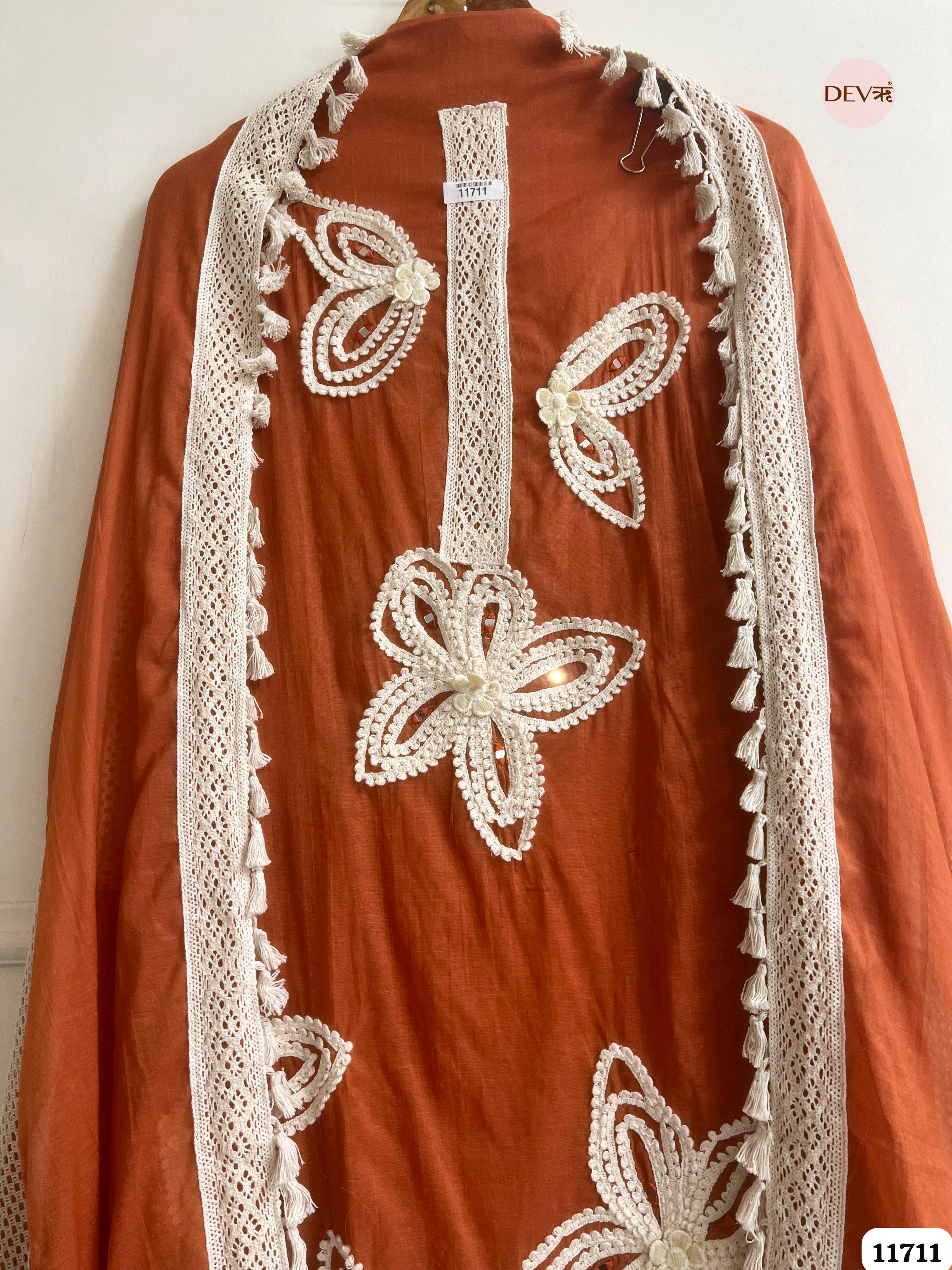 Rust Mul Chanderi Unstitched Hand Embroidered -Set Of 3 {11711}