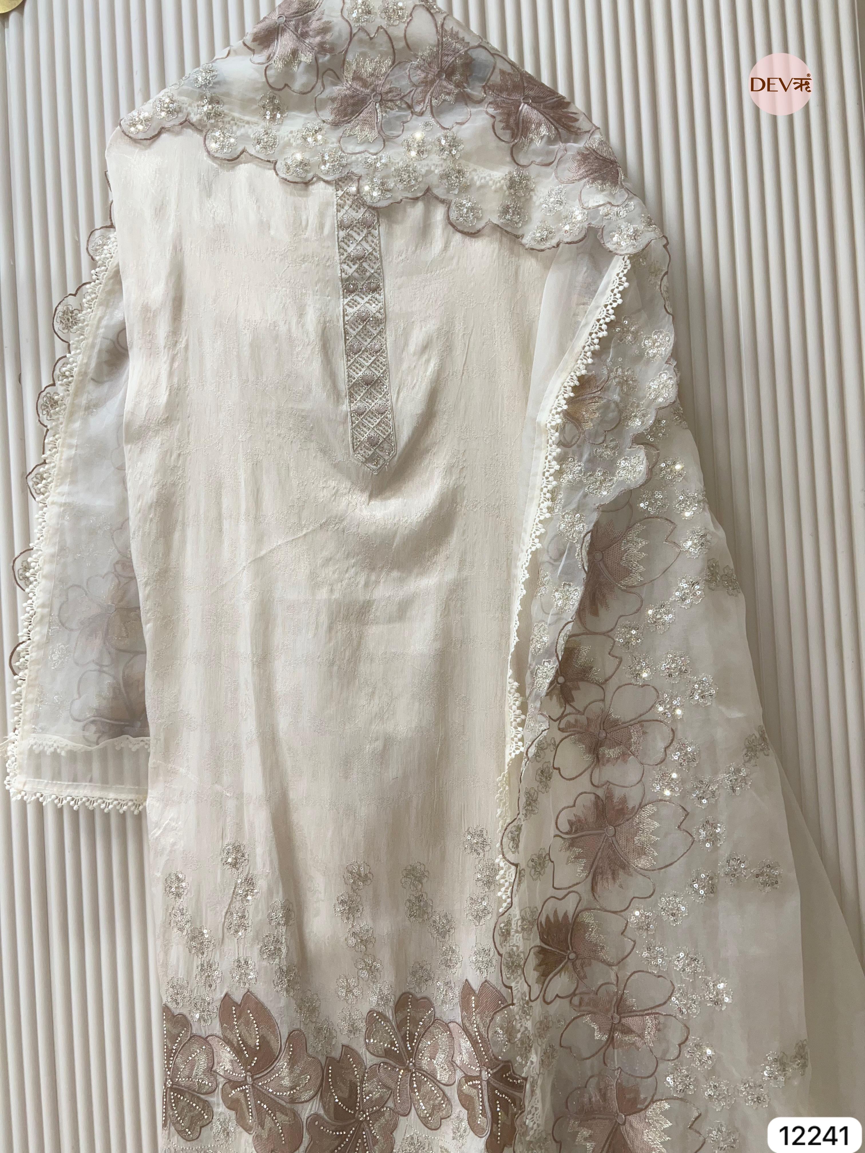 Ivory Tissue Shimmer Silk Embroidered Unstitched 3-Piece Suit (Devri – D.No 12241)