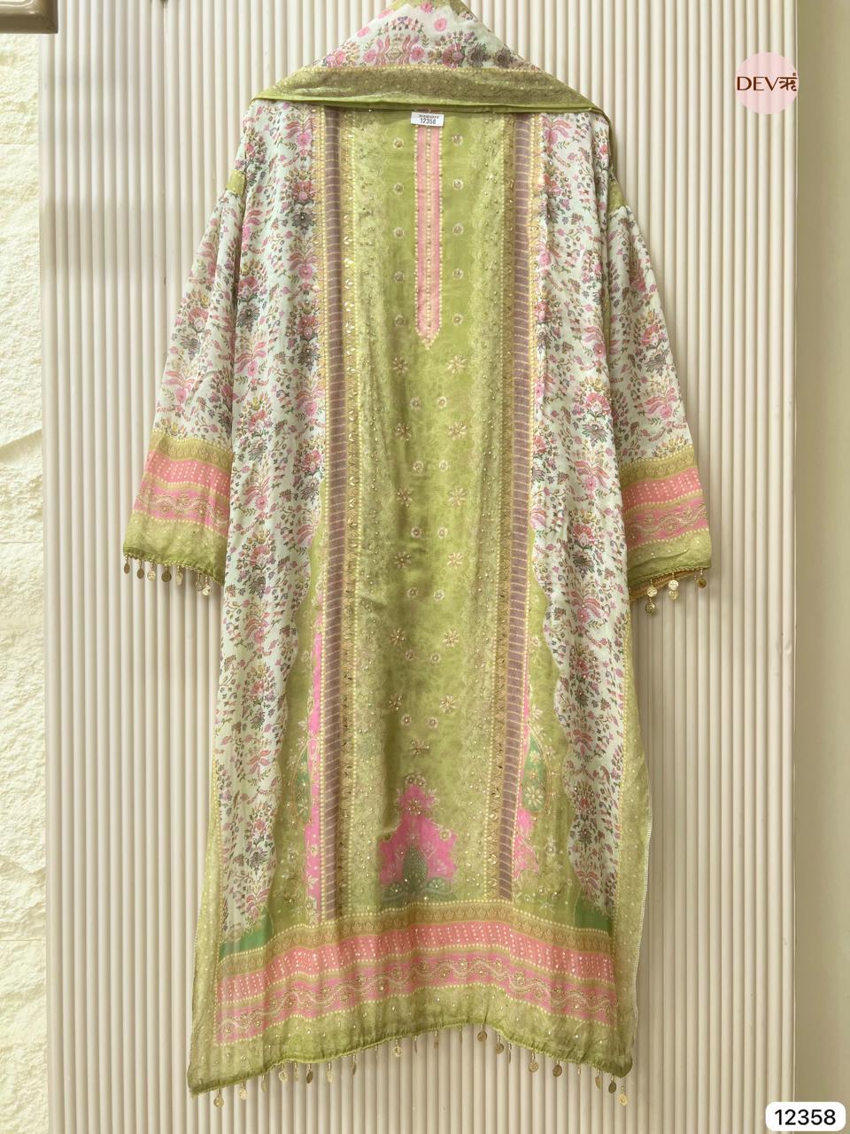 Sage Green Organza Printed Unstitched 3-Piece Suit (Devri – D.No 12358)