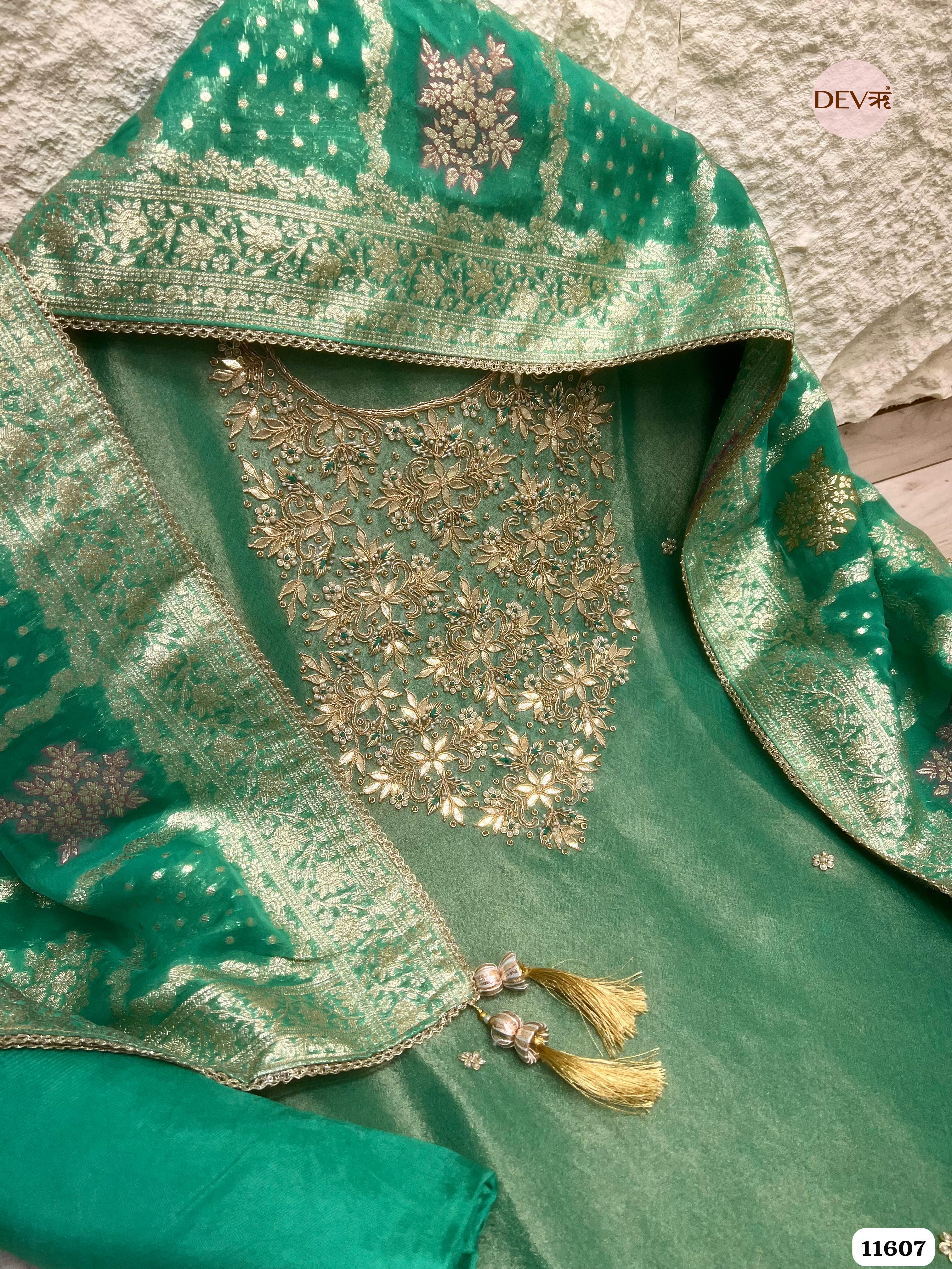 Green Pure Tissue Banarasi Silk Unstitched Hand Embroidered -Set Of 3 {11607}