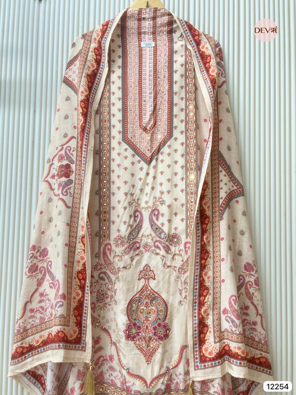 Beige Glass Organza Printed Unstitched 3-Piece Suit (Devri – D.No 12254)