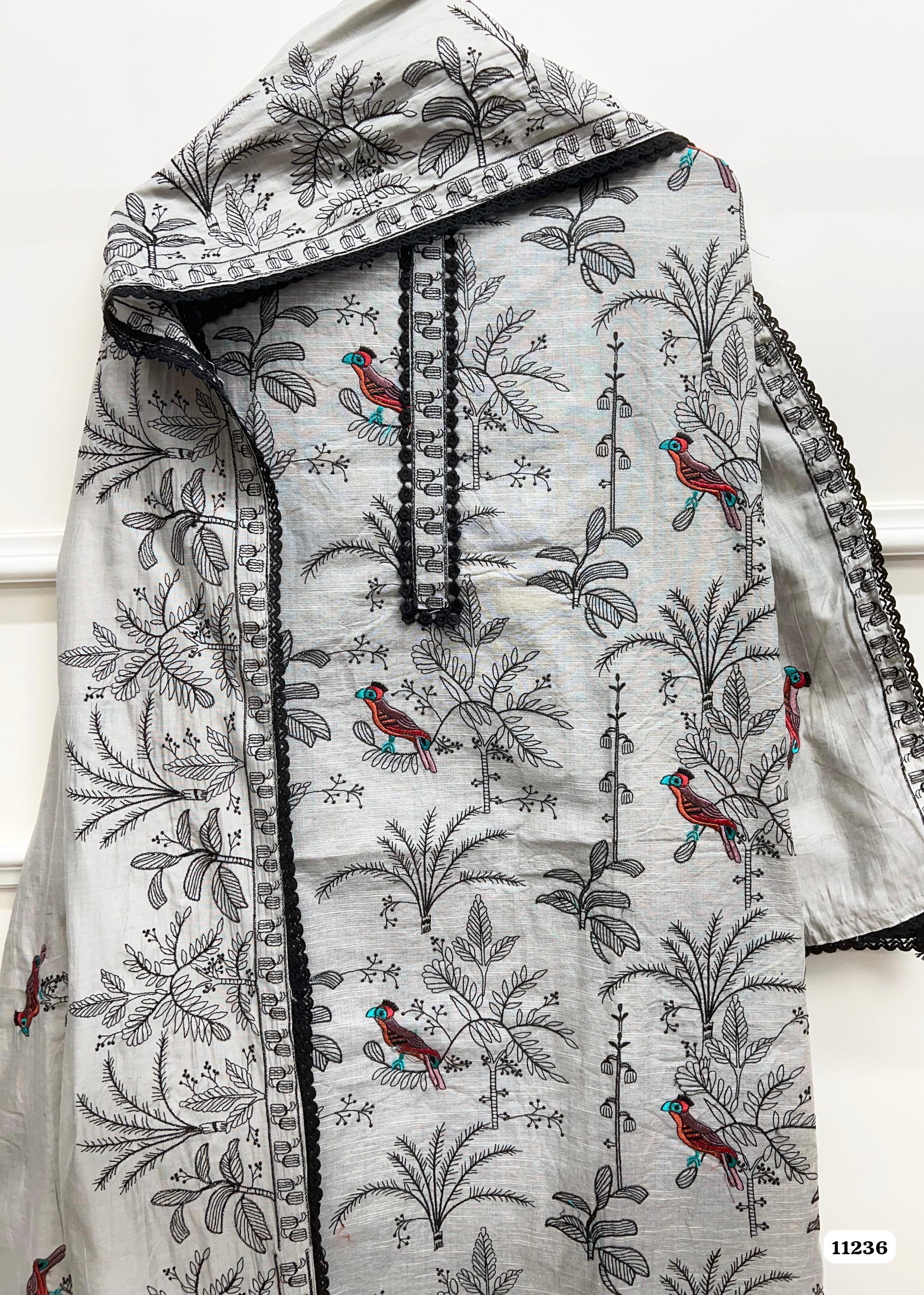 Grey Linen Cotton Unstitched Embroidered -Set Of 3 {11236}