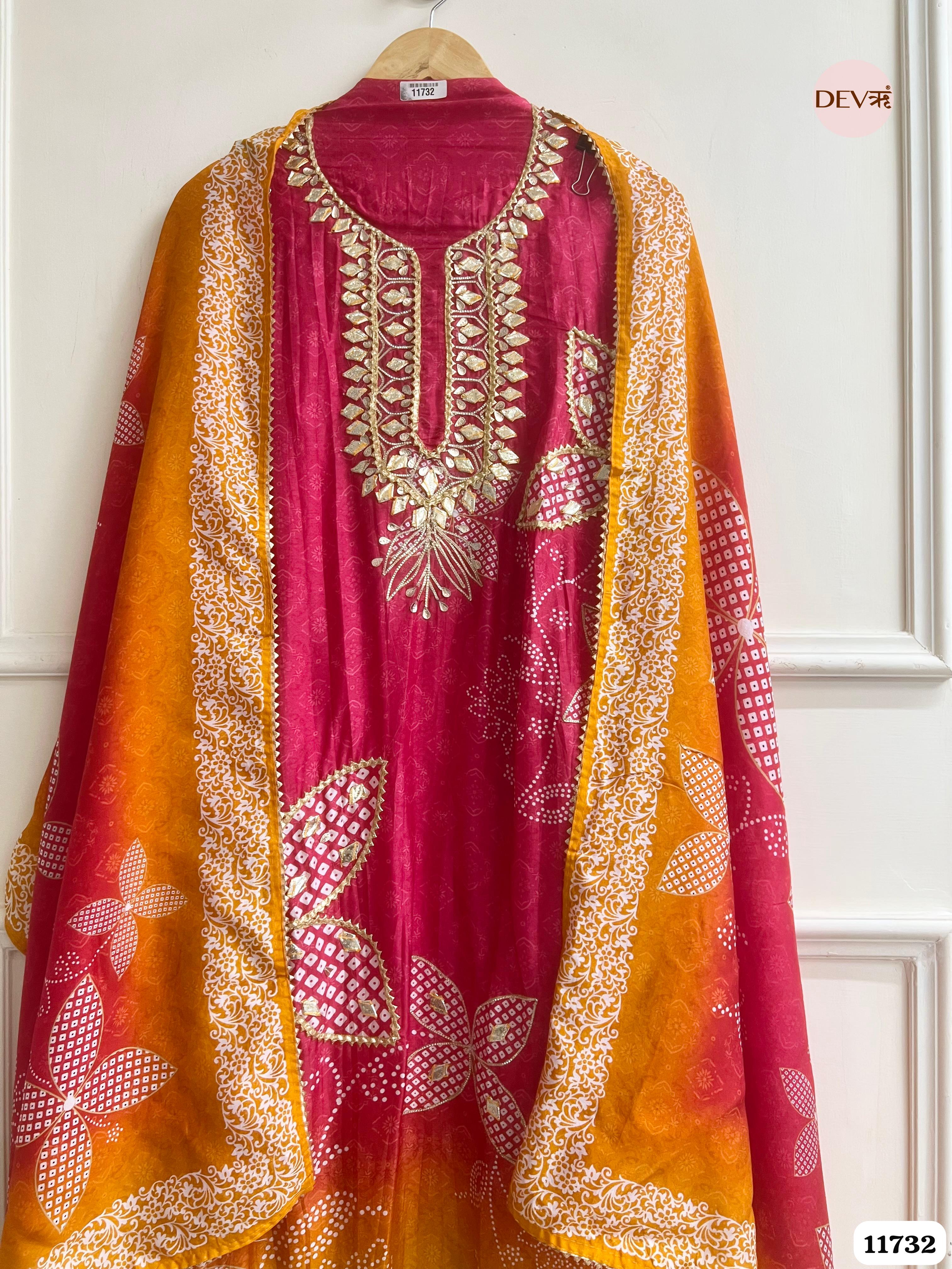 Rani Pink Russian Silk Semi Stitched Printed Hand Embroidered -Set Of 3- {11732}