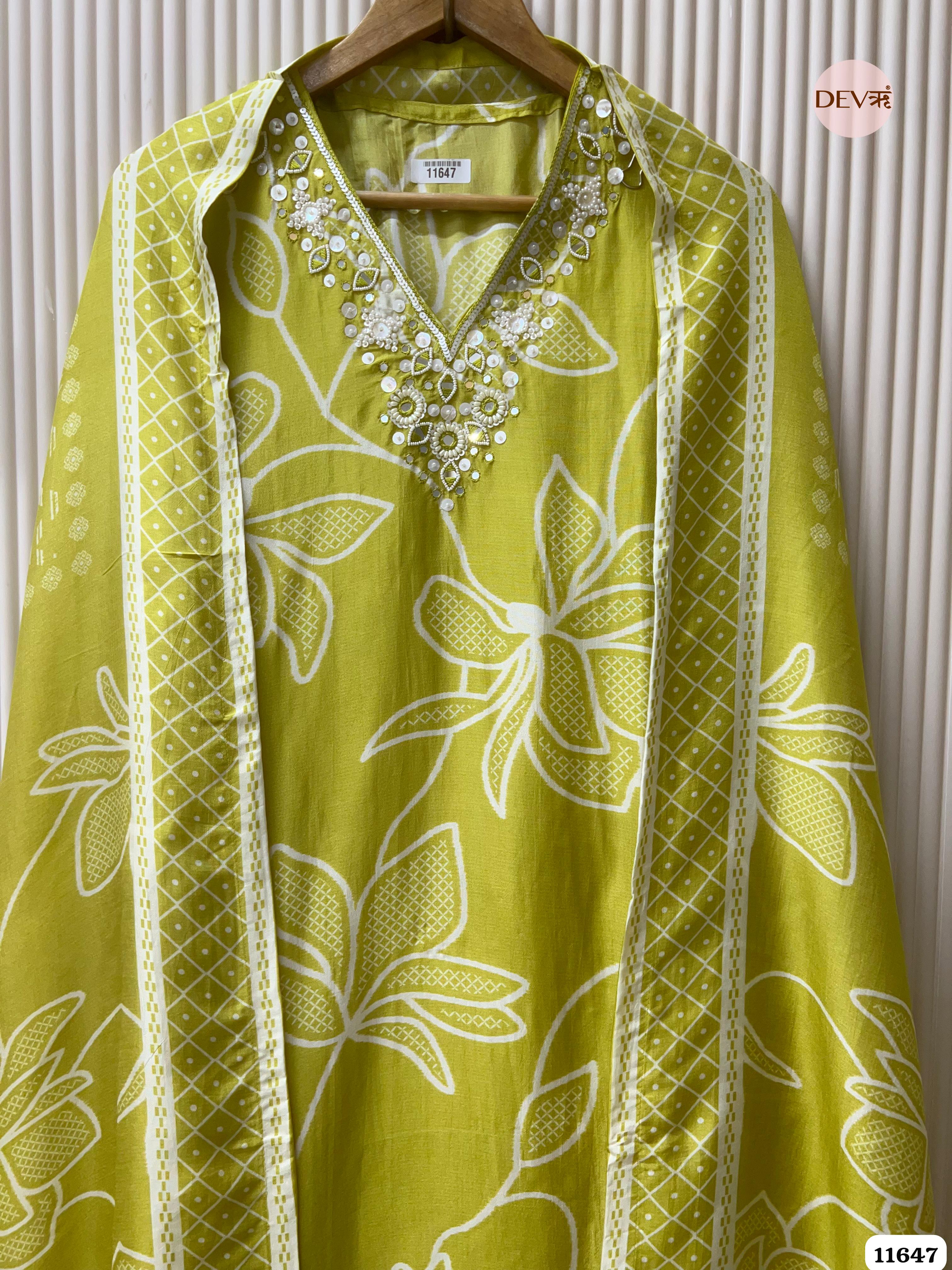 Green Russian Silk Printed Unstitched Hand Embroidered -Set Of 3 {11647}