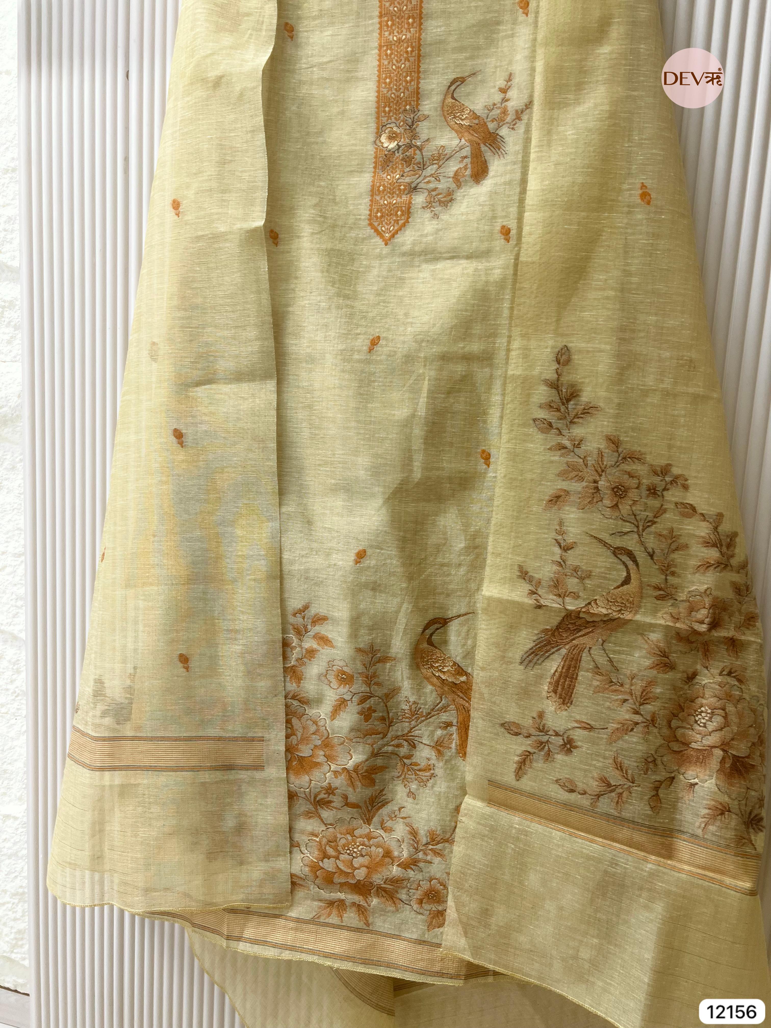 Yellow Pure Jamdani Linen Unstitched - Set Of 3 - {12156}